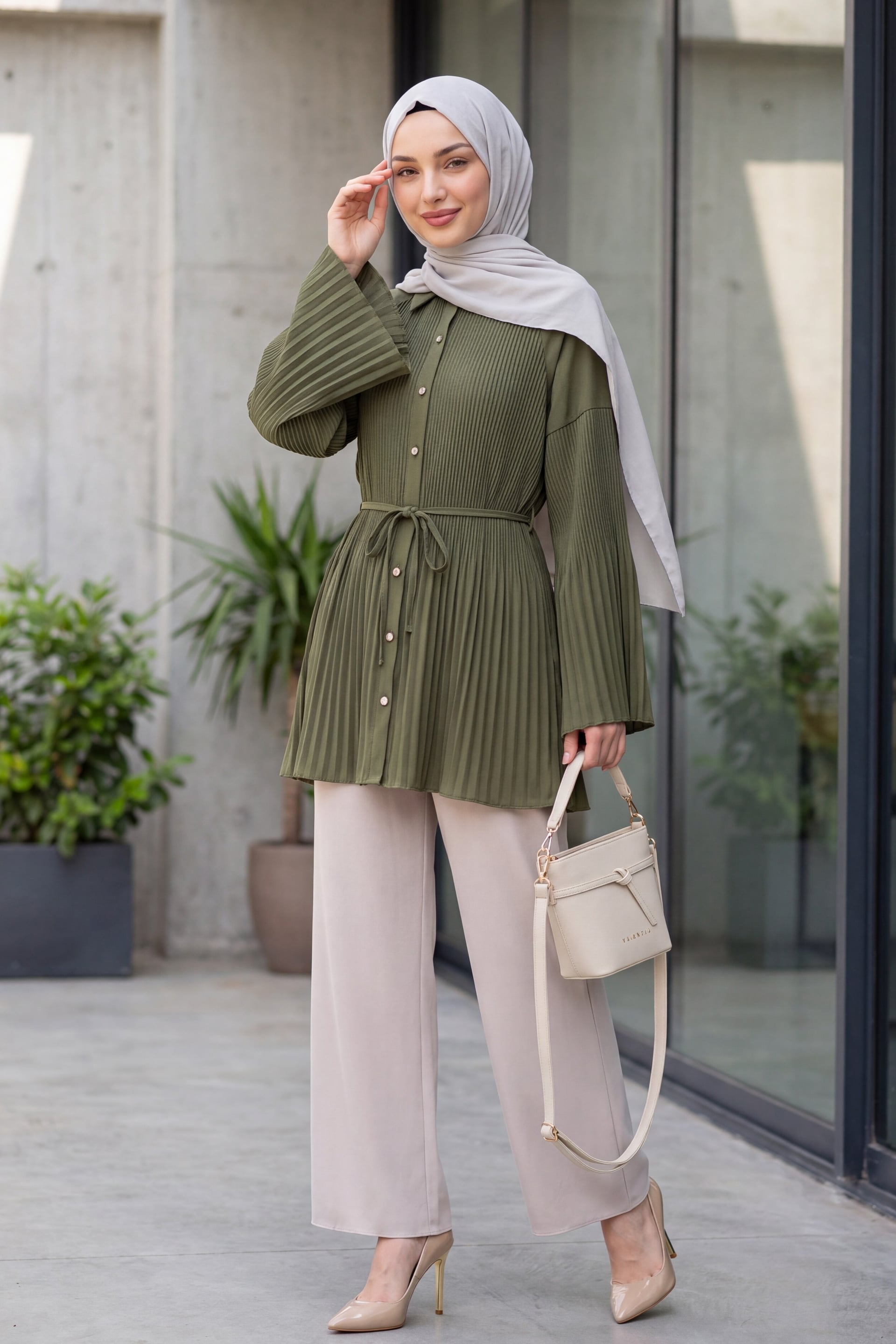 Belted Tie-Waist Pleated Poplin Tunic with Stone Buttons - Olive Green - Podyumplus - by Peralane - photo 4