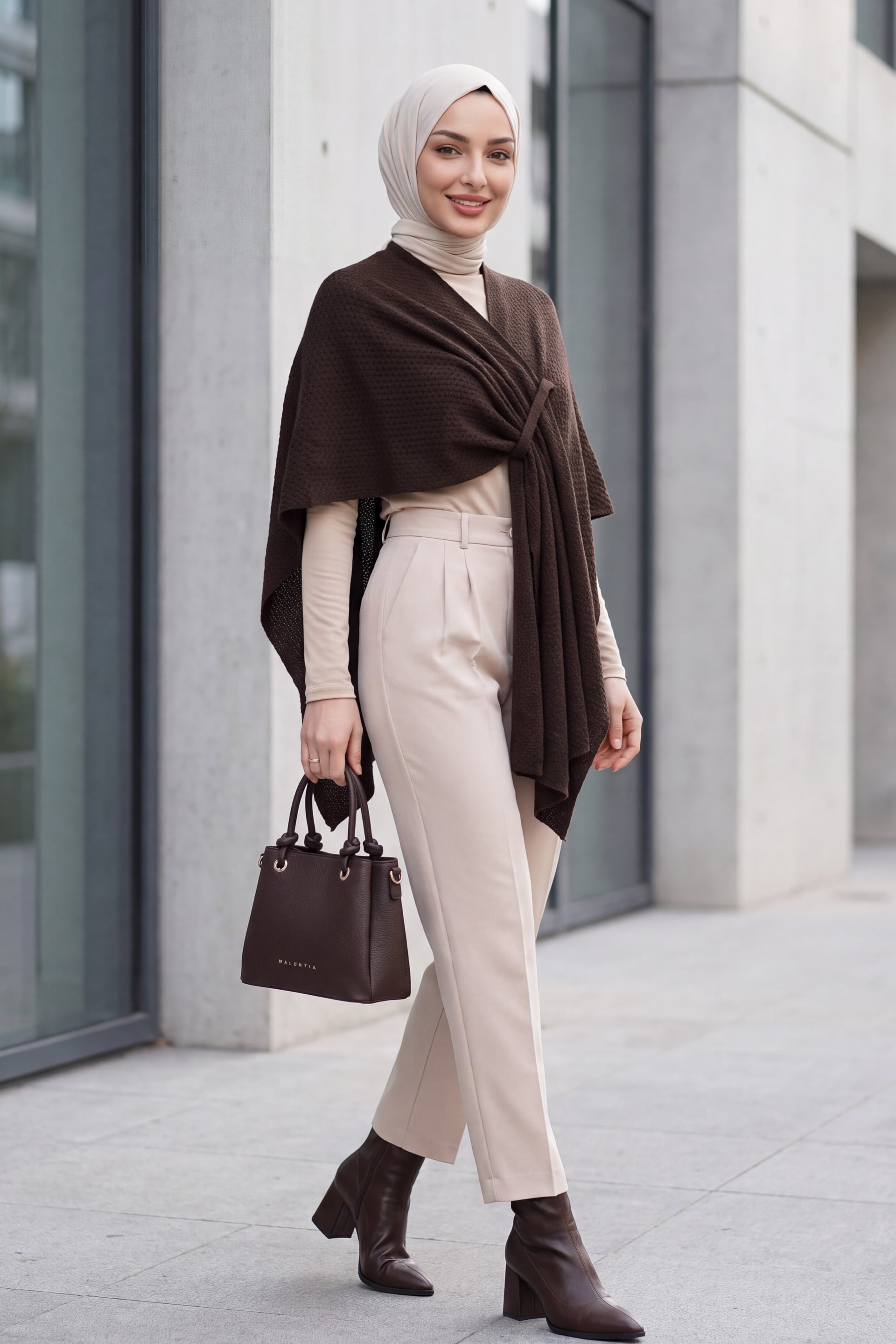 Relaxed Fit Daily Knit Poncho - Dark Brown - Podyumplus - by Peralane - photo 4