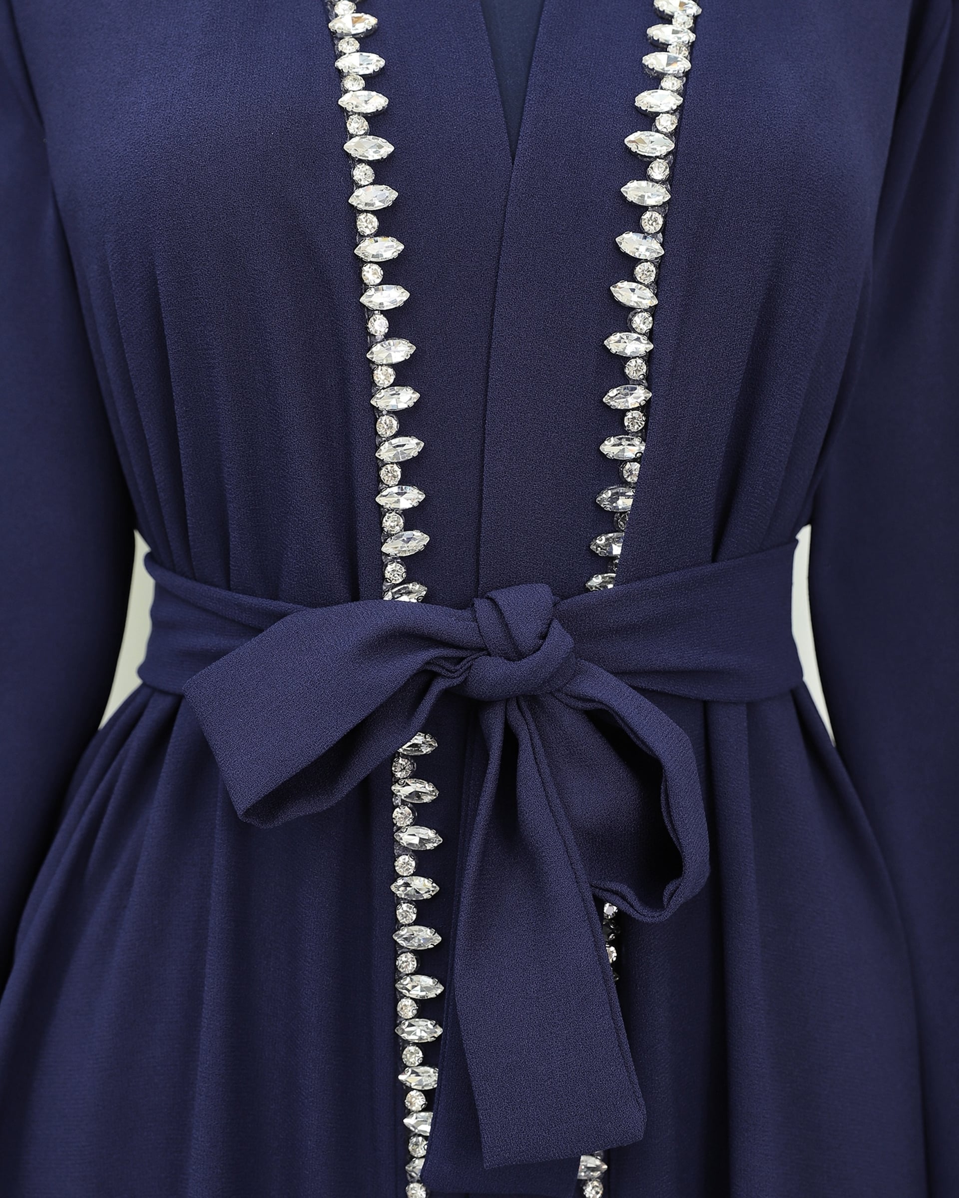 Navy Blue Beaded Trim Belted Abaya with Feathered Cuffs - Podyumplus - by Peralane - photo 7
