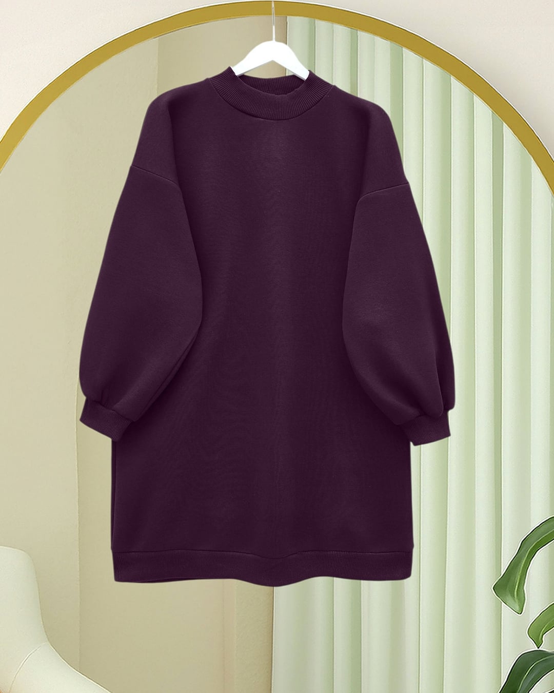 Women's Three-Thread Fleece Sweatshirt with Mock Neck - Deep Purple - Podyumplus - by Peralane - photo 3