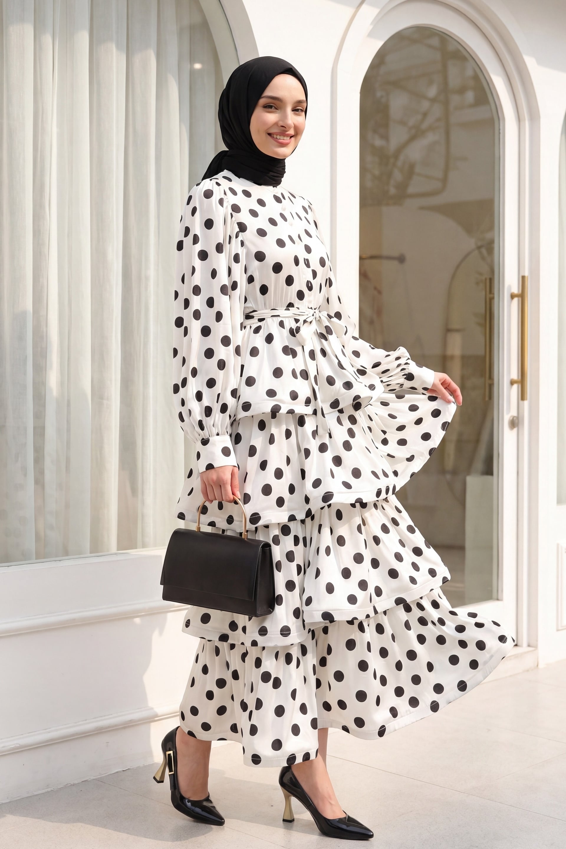 Polka Dot Tiered Button Belted Batwing Sleeve Satin Dress - White - Podyumplus - by Peralane - photo 3