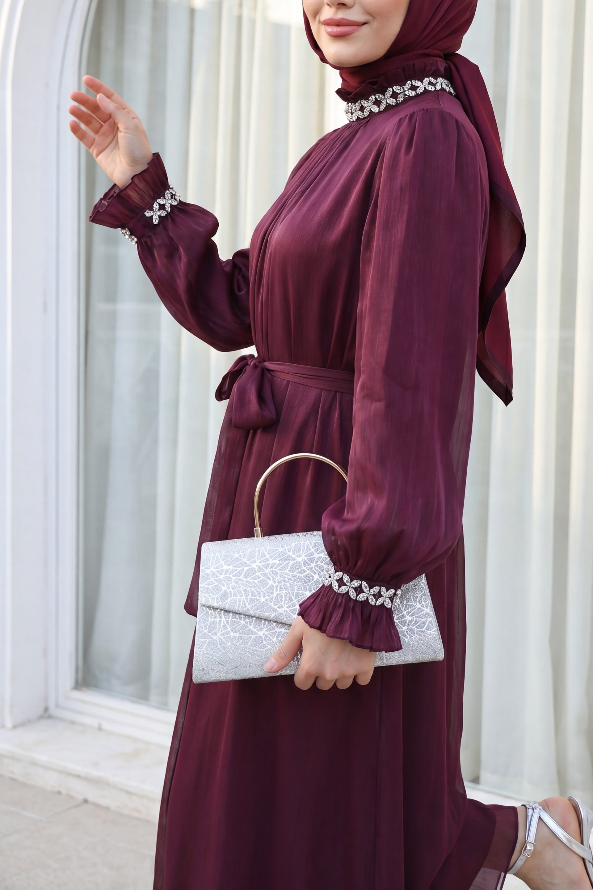 Jeweled Neck and Cuff Balloon Sleeve Belted Shimmer Chiffon Evening Dress in Burgundy - Podyumplus - by Peralane - photo 4