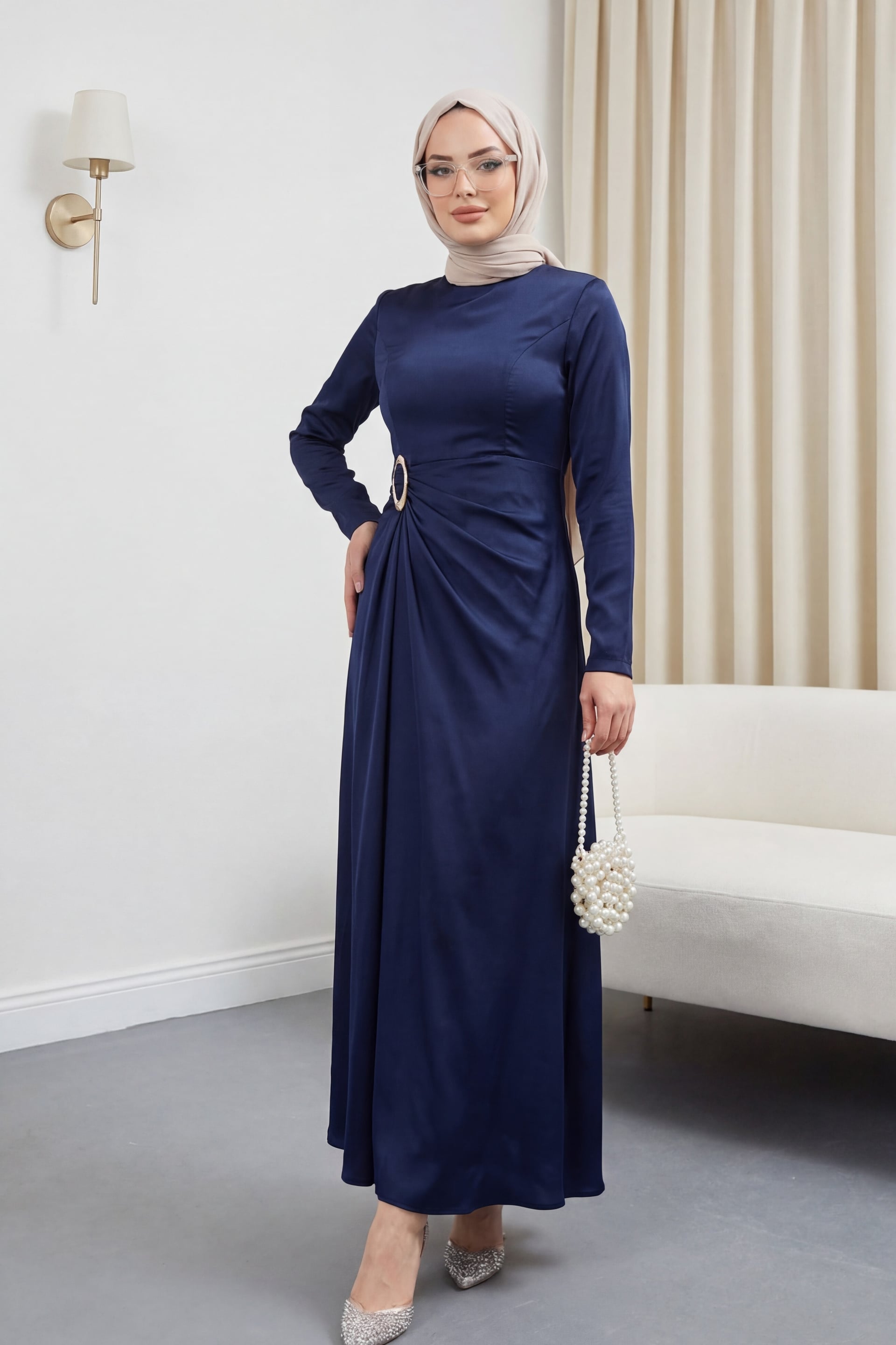 Navy Blue Draped Waist Satin Dress - Podyumplus - by Peralane