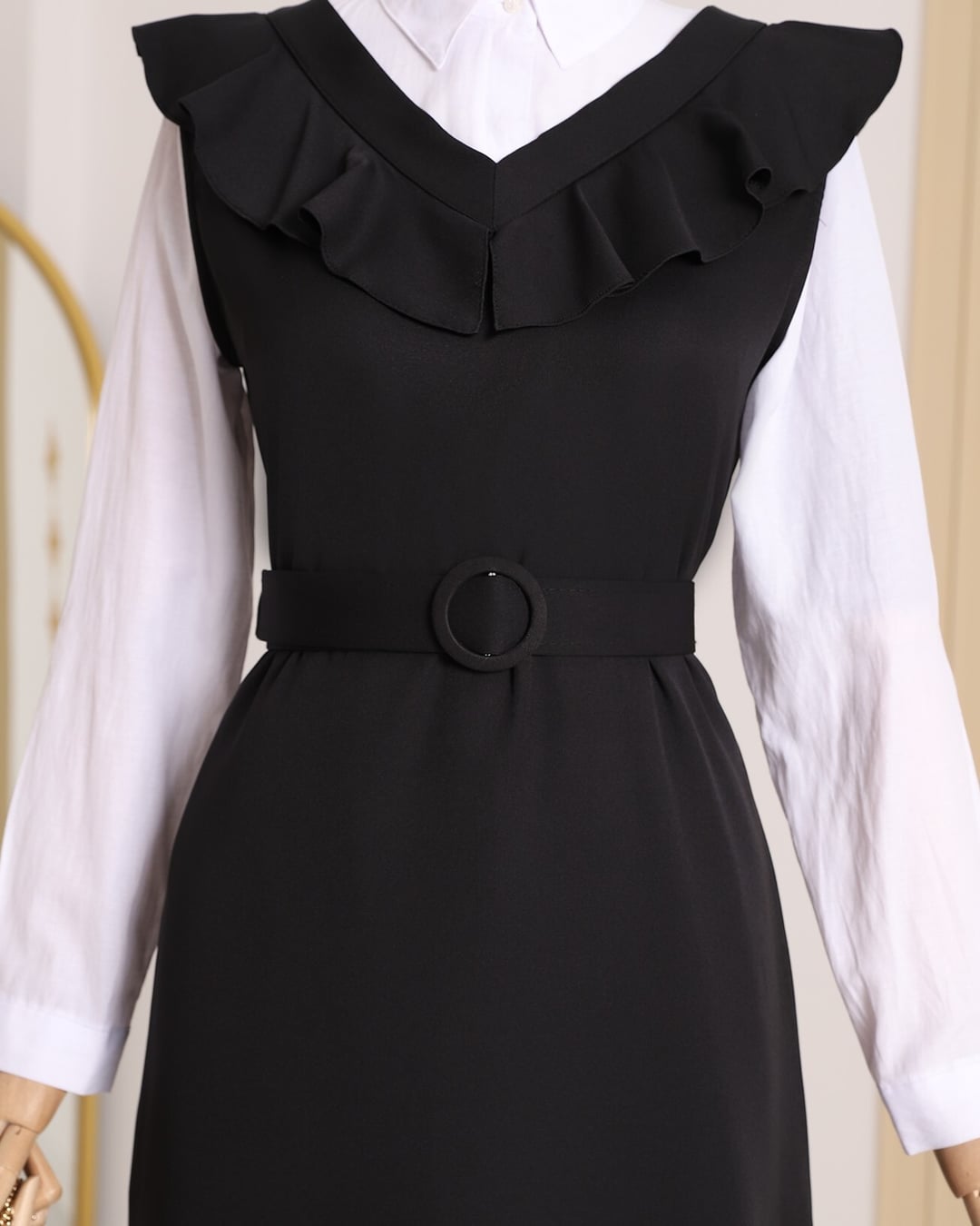 Black V-Neck Ruffle Trim Belted Midi Dress - Podyumplus - by Peralane - photo 9
