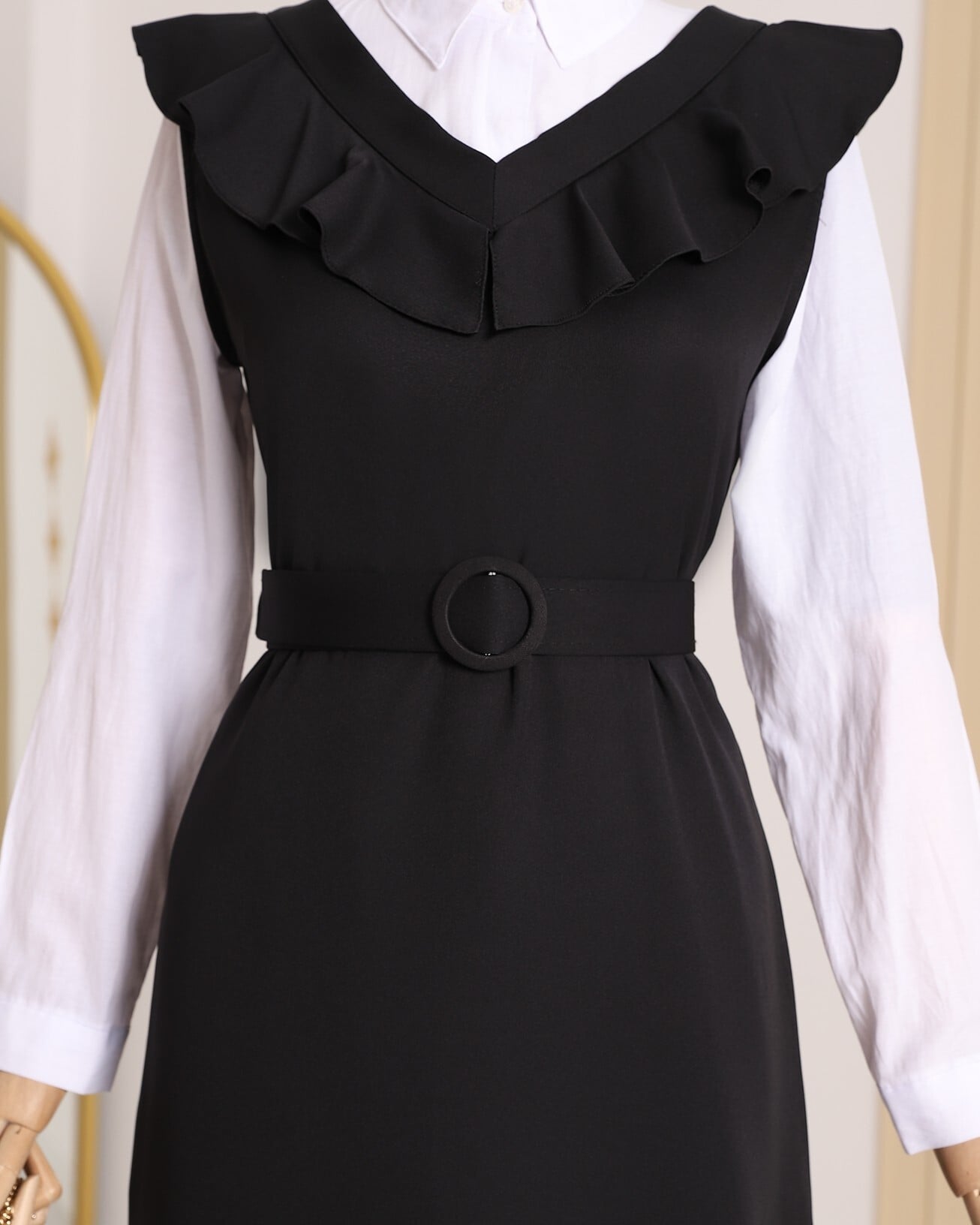 Black V-Neck Ruffle Trim Belted Midi Dress - Podyumplus - by Peralane - photo 9