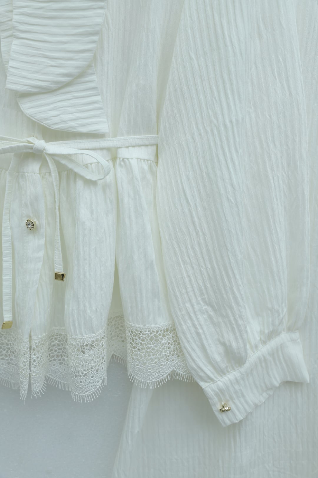 Tie Waist and Bow Neck Crepe Two-Piece Set with Lace Trim Skirt - Ecru - Podyumplus - by Peralane - photo 7