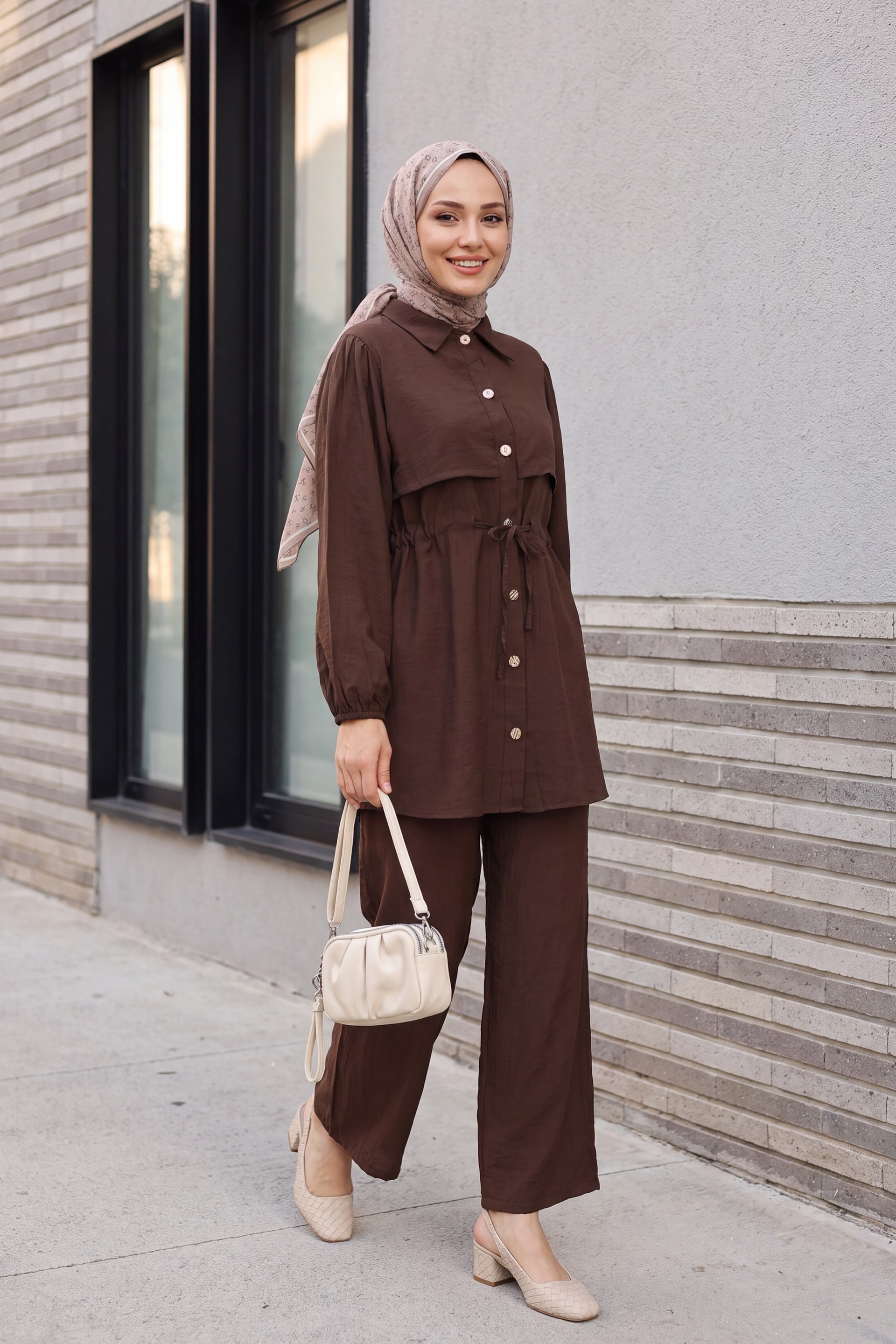 Tunel Drawstring Tunic and Trousers Set - Dark Brown - Podyumplus - by Peralane