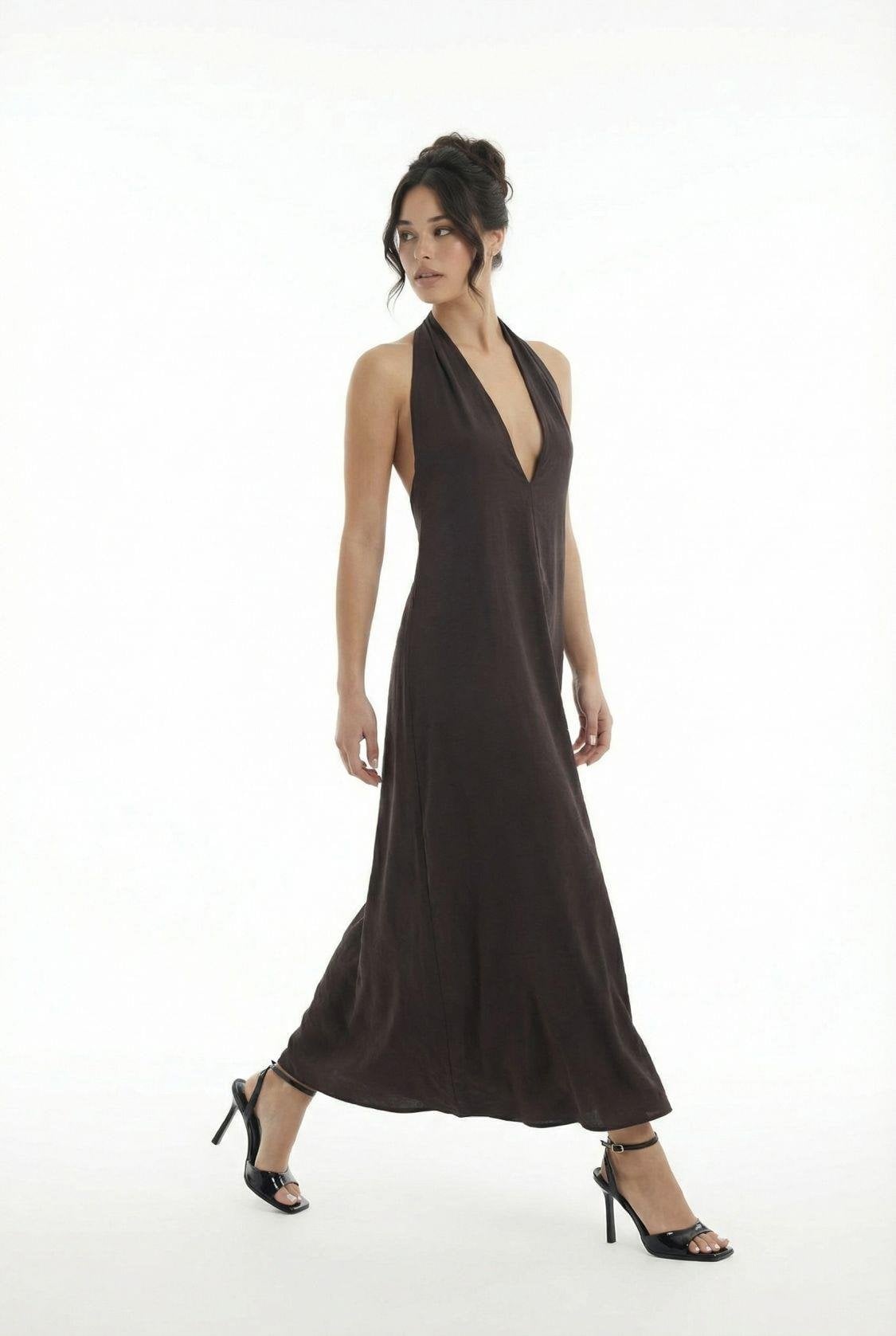 Women's Dark Brown Halter Neck Maxi Dress - Fame - by Peralane - photo 2