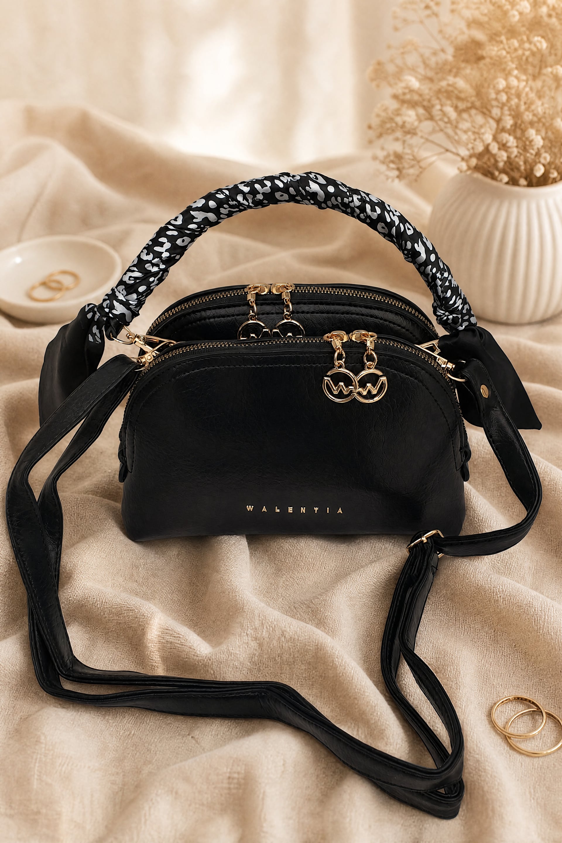 Two-Compartment Black Faux Leather Bag with Scarf Detail and Shoulder Strap - Podyumplus - by Peralane
