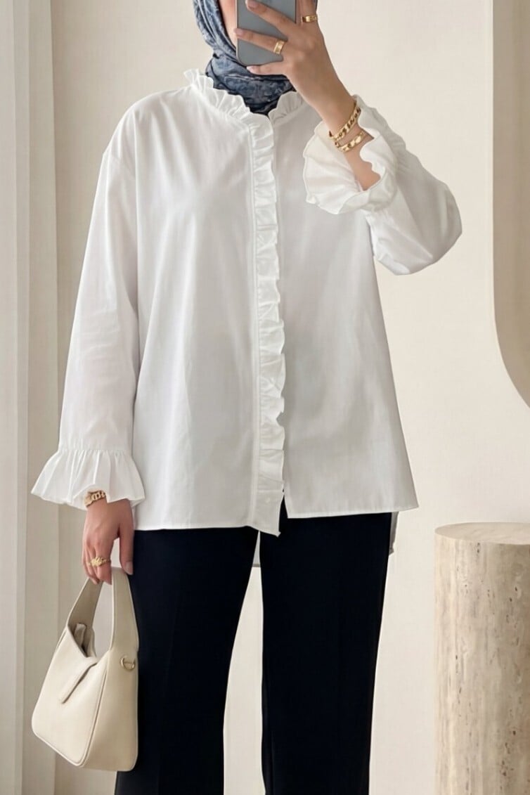Women's White Long-Sleeved Blouse with Ruffled Front and Extended Back - Podyumplus - by Peralane