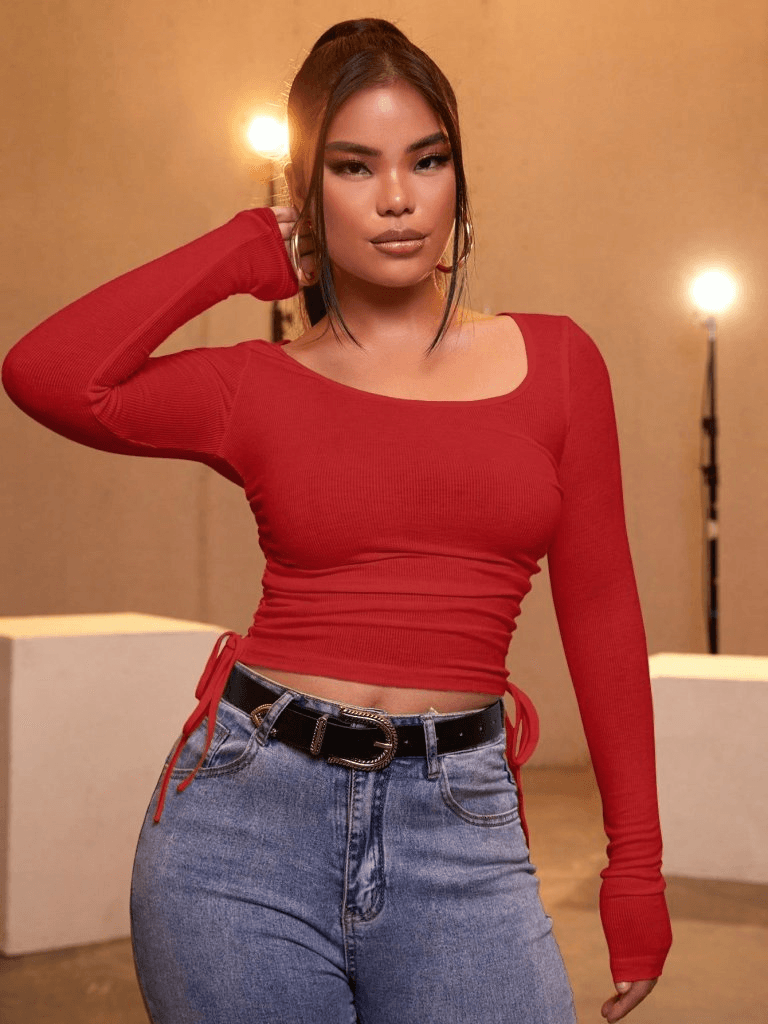 Women's Red Ribbed Crop Top with Drawstring Side - Janes - by Peralane - photo 2