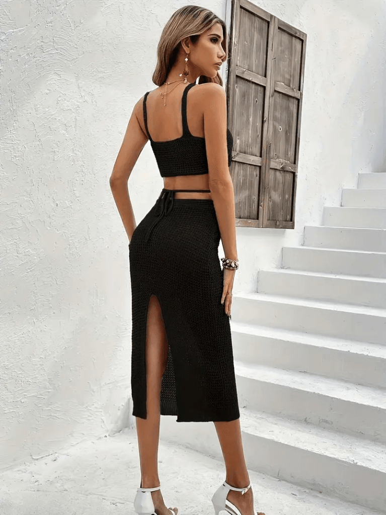 Women's Black Knit Crop Top and High-Slit Midi Skirt Two-Piece Set - Janes - by Peralane - photo 2