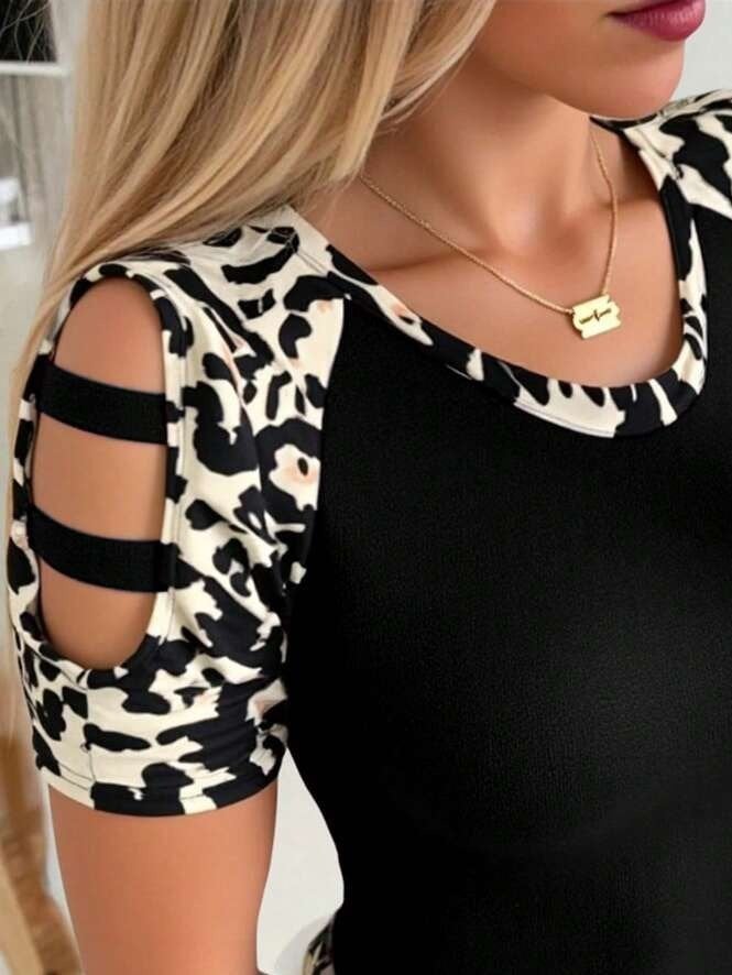 Women's Short Sleeve Round Neck Leopard Print Viscose Blouse with Stripe Detail Sleeves - Janes - by Peralane - photo 2