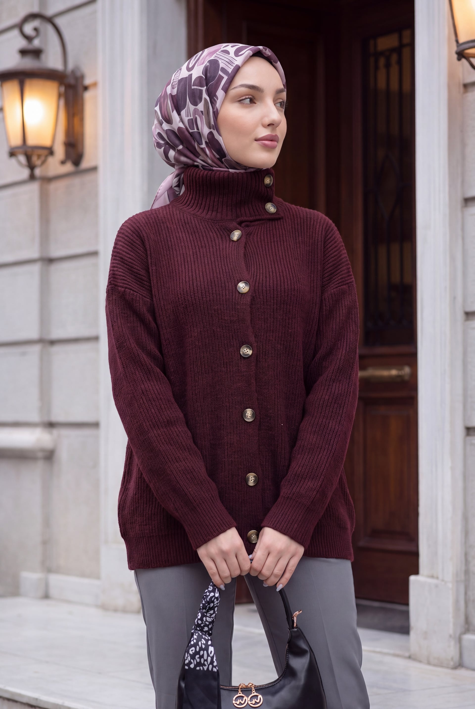 Half-Neck Button-Front Relaxed Fit Knit Cardigan - Burgundy - Podyumplus - by Peralane - photo 2
