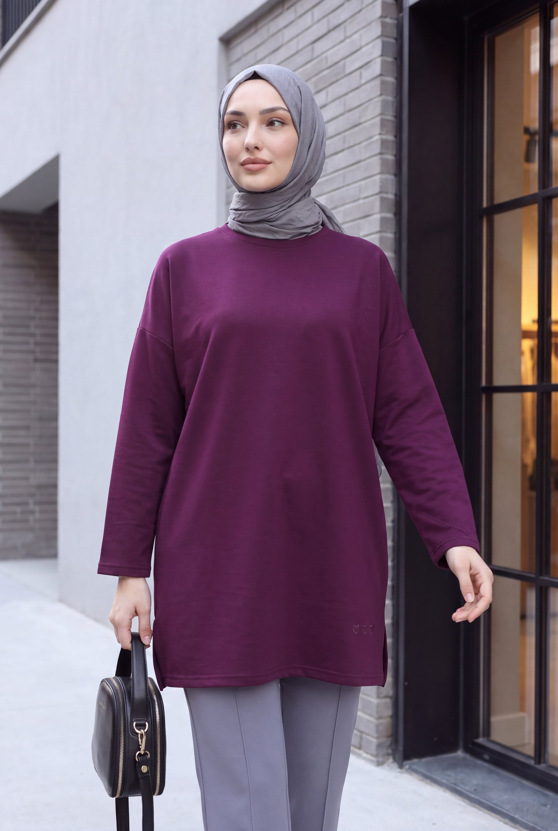 Heart Detail Slit Casual Cotton Jersey Tunic - Plum - Podyumplus - by Peralane