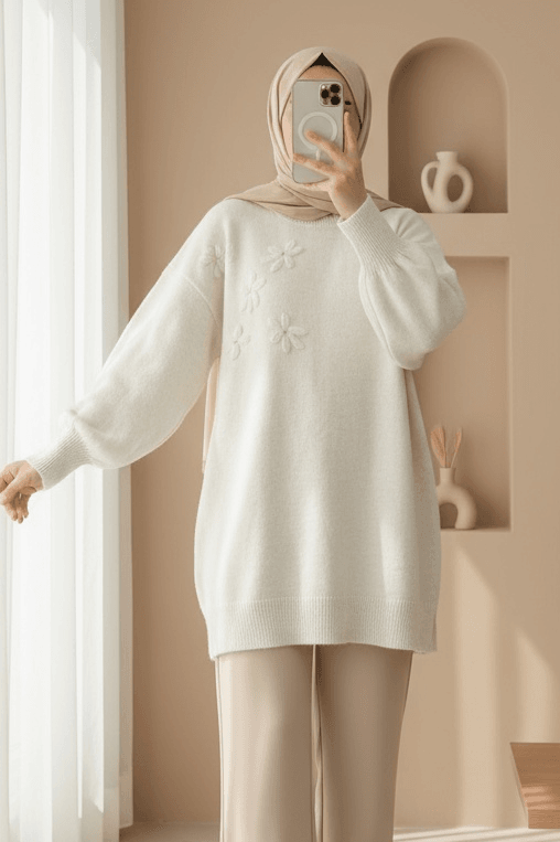 Crew Neck Floral Embroidered Knit Sweater - Ecru - Podyumplus - by Peralane