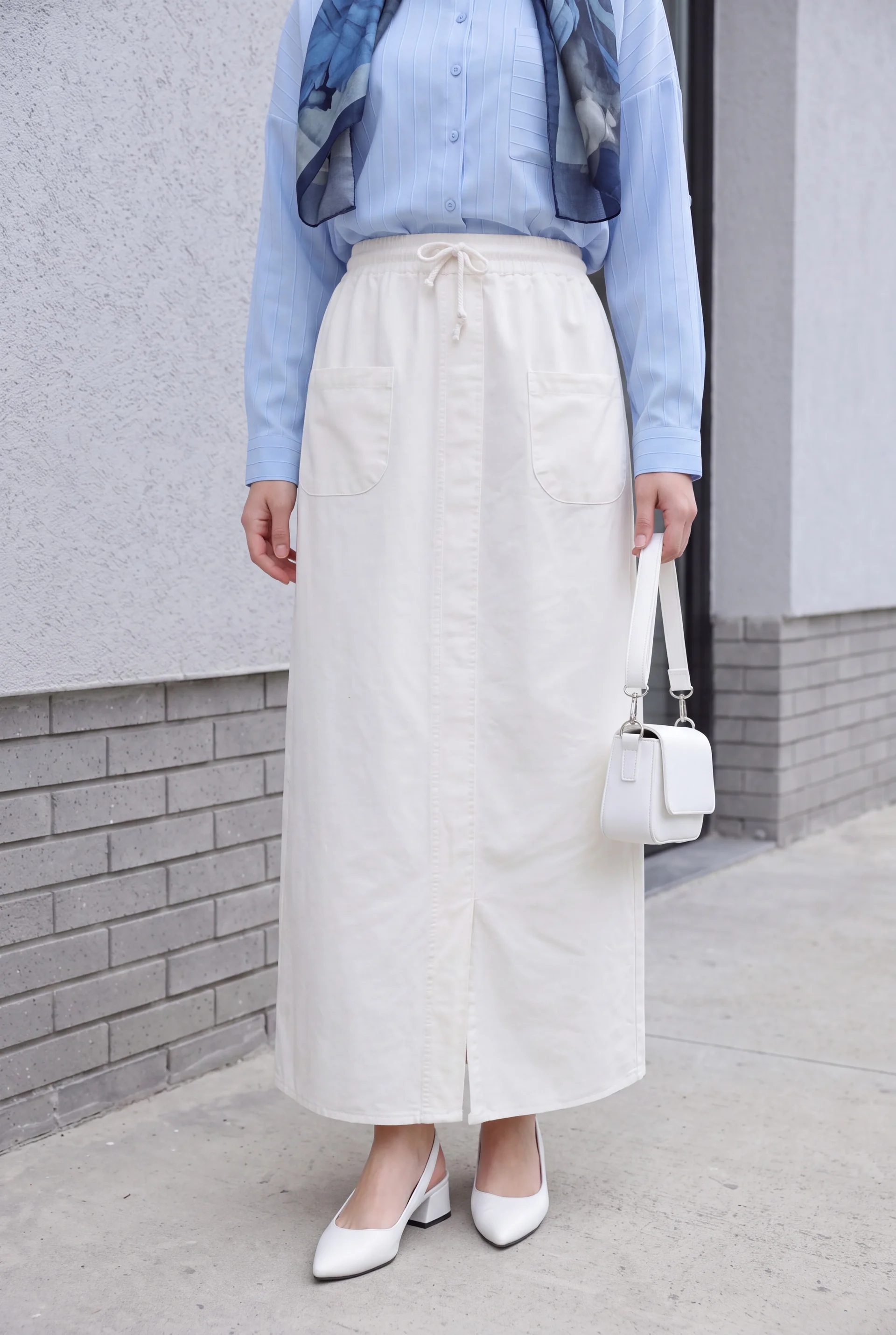 Drawstring Waist Linen Look Maxi Skirt - White - Podyumplus - by Peralane
