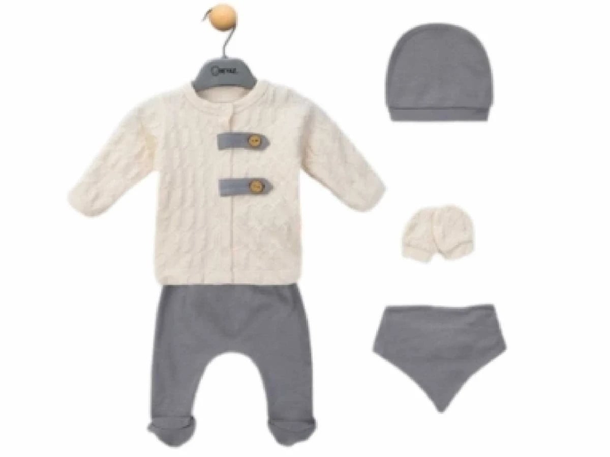 Button Detail 5-Piece Newborn Baby Boy Set - Grey - Beyaz Bebek - by Peralane