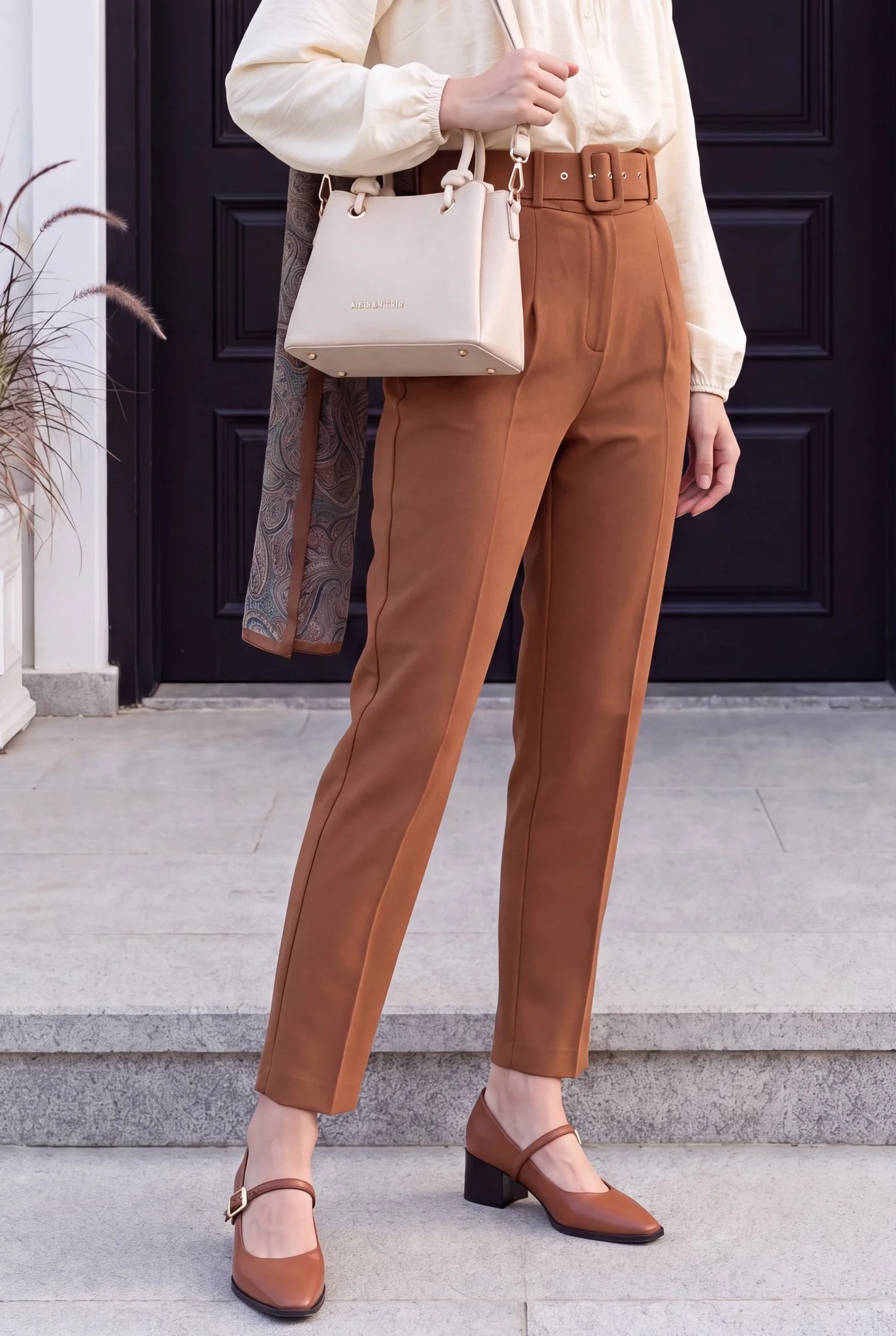 High-Waist Tailored Trousers with Thick Belt - Caramel Brown - Podyumplus - by Peralane - photo 5