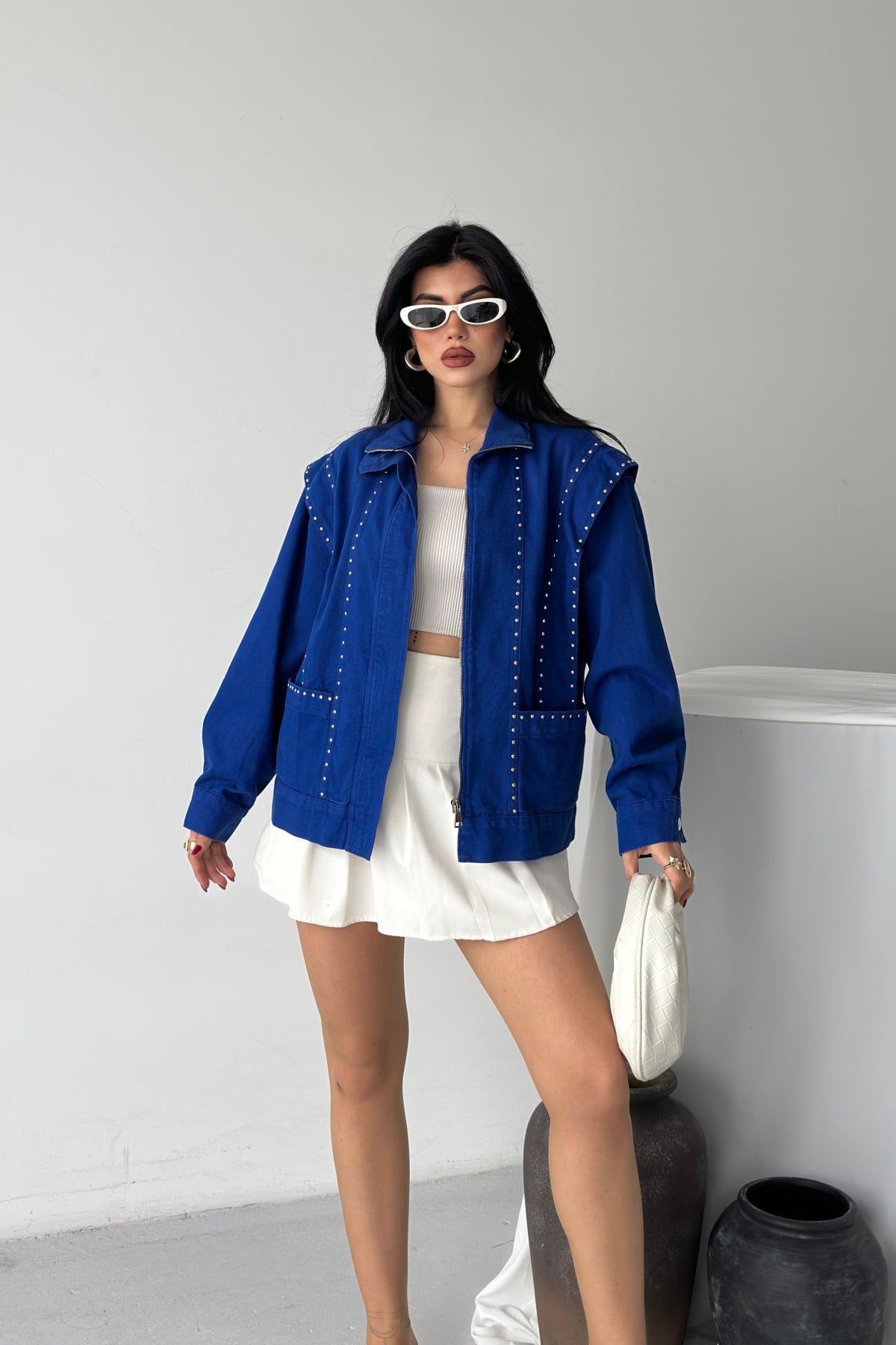 Women's Oversized Denim Jacket with Stud Details - Royal Blue - Xlove - by Peralane