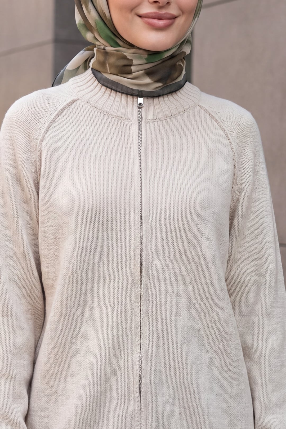 Half Mock Neck Zip Detail Knitted Cardigan - Cream - Podyumplus - by Peralane - photo 4