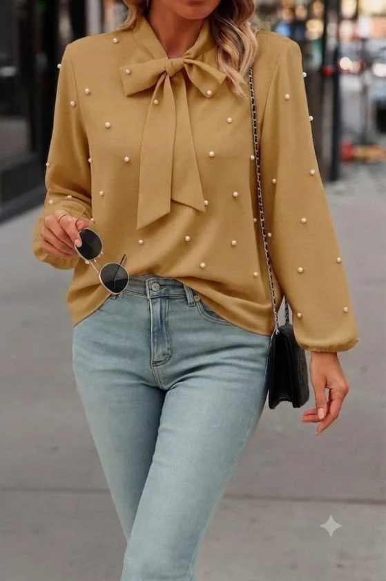Women's Long-Sleeved Pussy-Bow Blouse with Pearl Details - Janes - by Peralane - photo 3