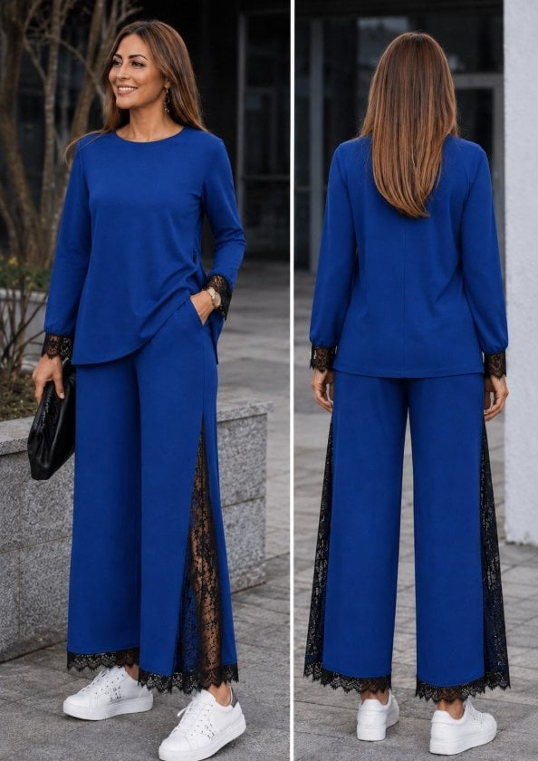 Women's Long-Sleeve Crew Neck Lace Detail Viscose Two-Thread Blouse and Trousers Two-Piece Set - Janes - by Peralane