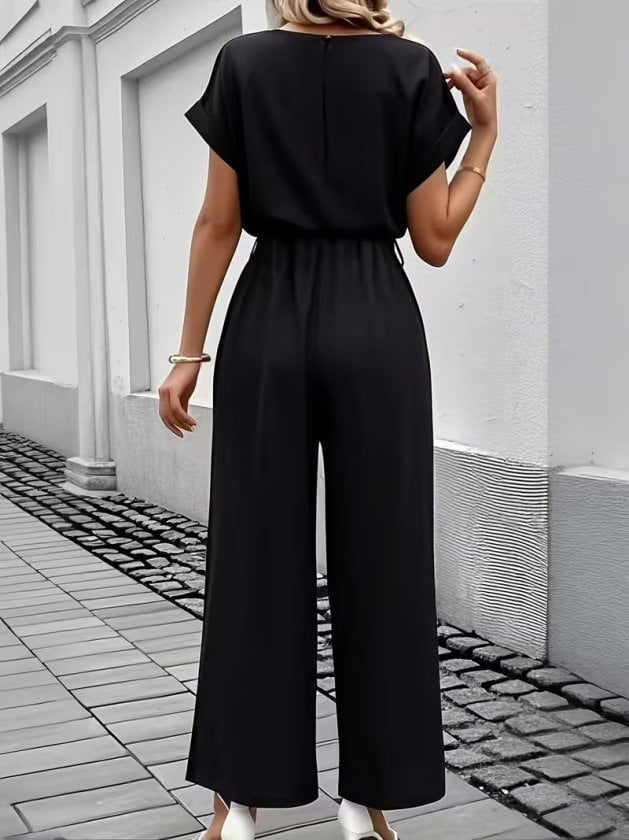 Women's Black Short-Sleeve Round-Neck Jumpsuit with Belt and Side Pockets - Janes - by Peralane - photo 3