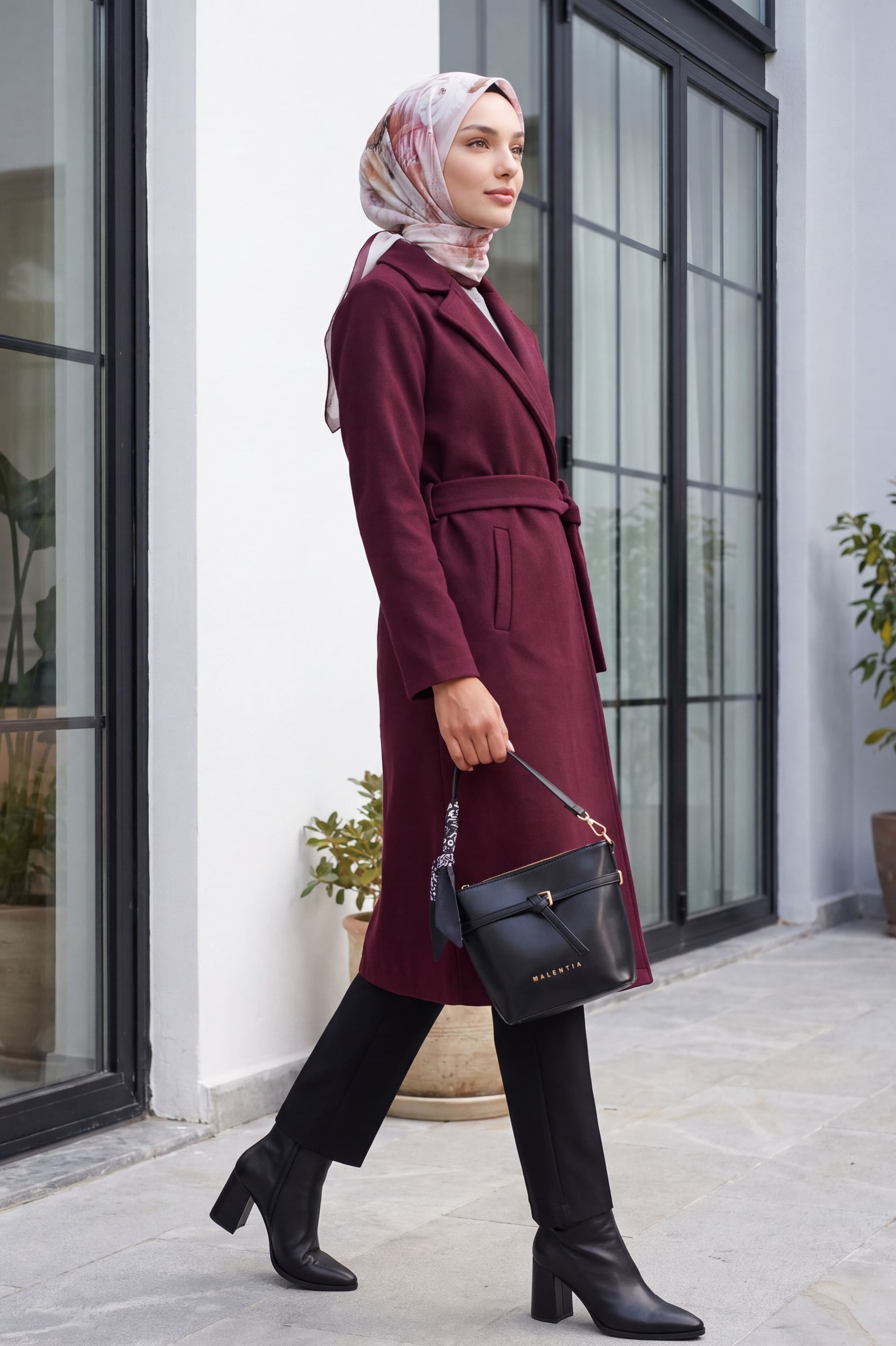 Burgundy Shawl Collar Belted Coat - Bigdart - by Peralane - photo 4