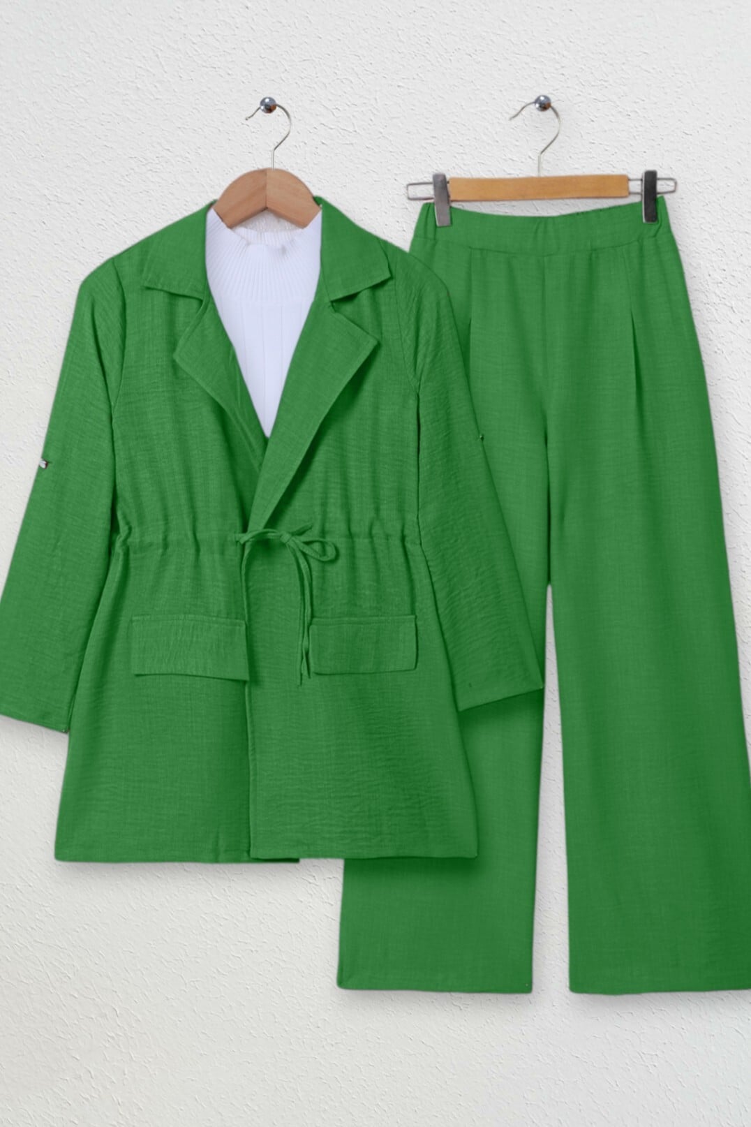 Green Linen-Look Two-Piece Set with Jacket and Wide-Leg Trousers - Podyumplus - by Peralane - photo 5
