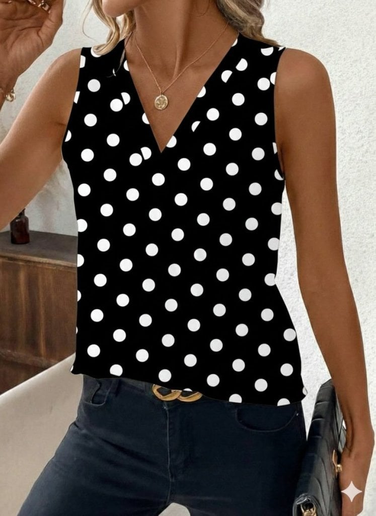 Women's Sleeveless V-Neck Polka Dot Suprem Top, Black - Janes - by Peralane