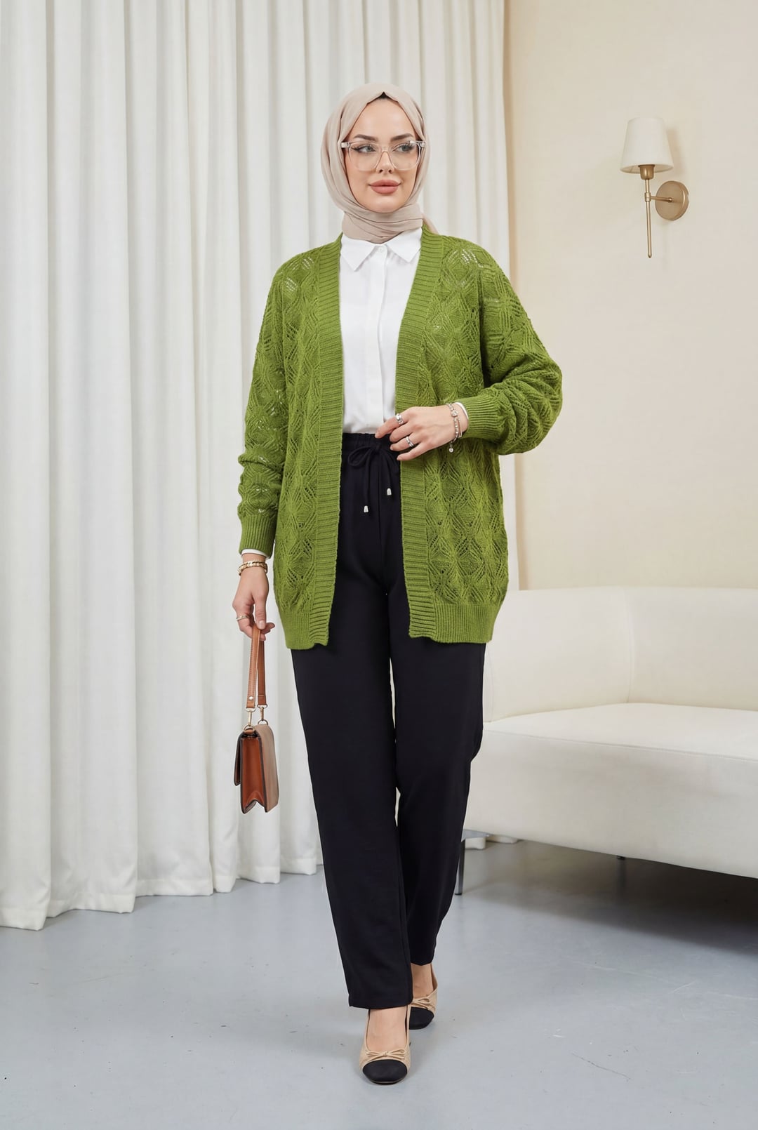 Patterned Araboy Knitted Cardigan - Khaki - Podyumplus - by Peralane - photo 2