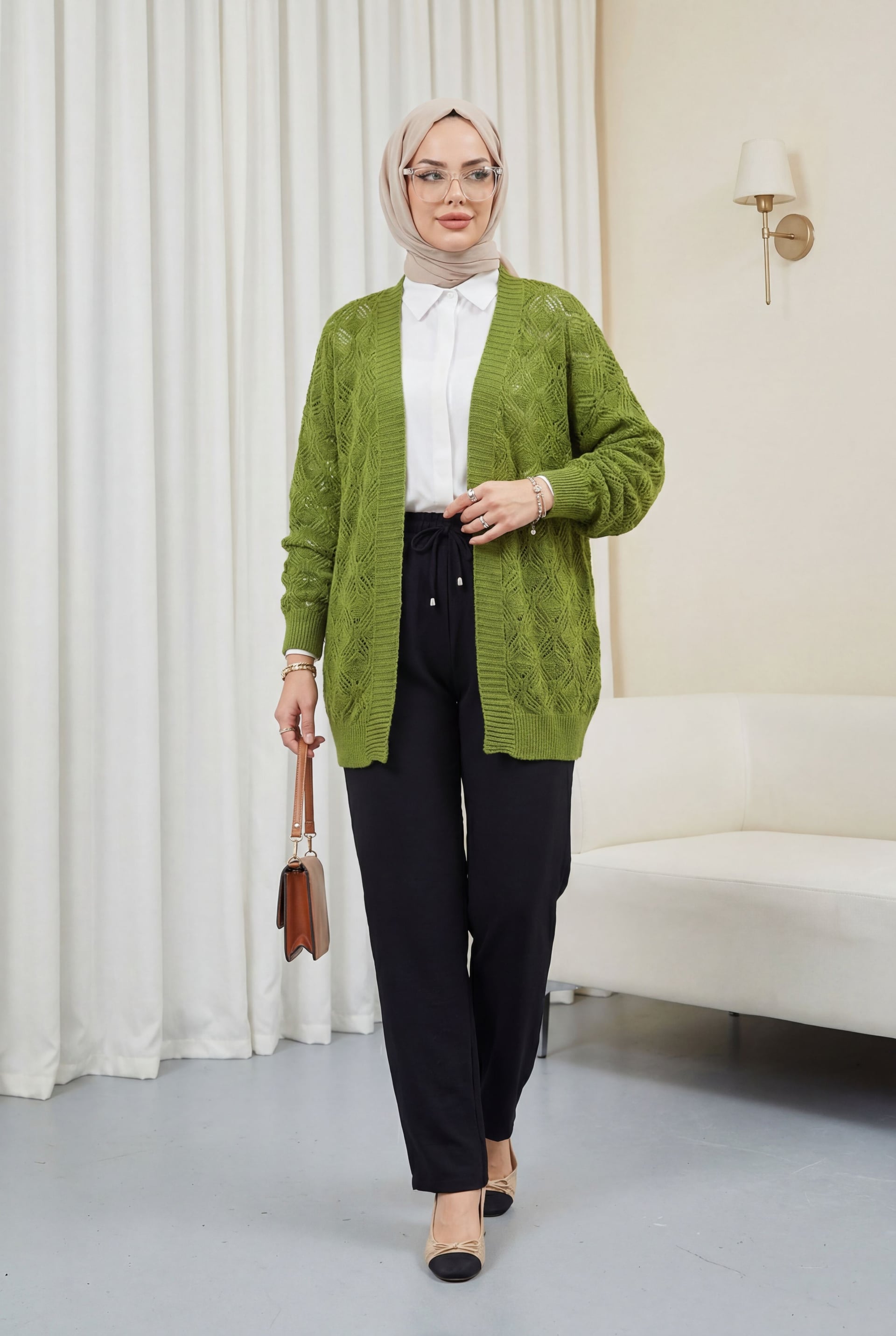 Patterned Araboy Knitted Cardigan - Khaki - Podyumplus - by Peralane - photo 2