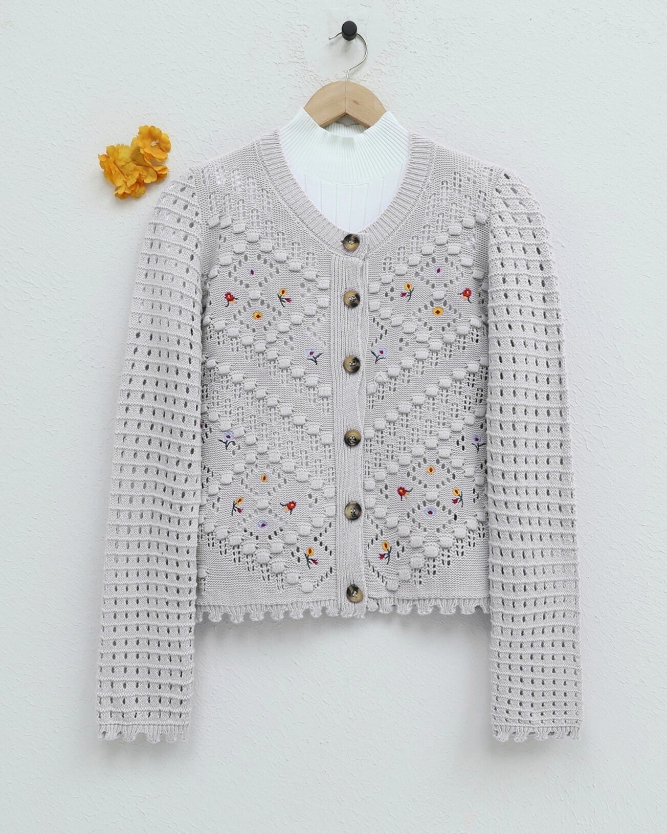 Floral Embroidery Pompon Open-Knit Cardigan - Stone - Podyumplus - by Peralane - photo 3