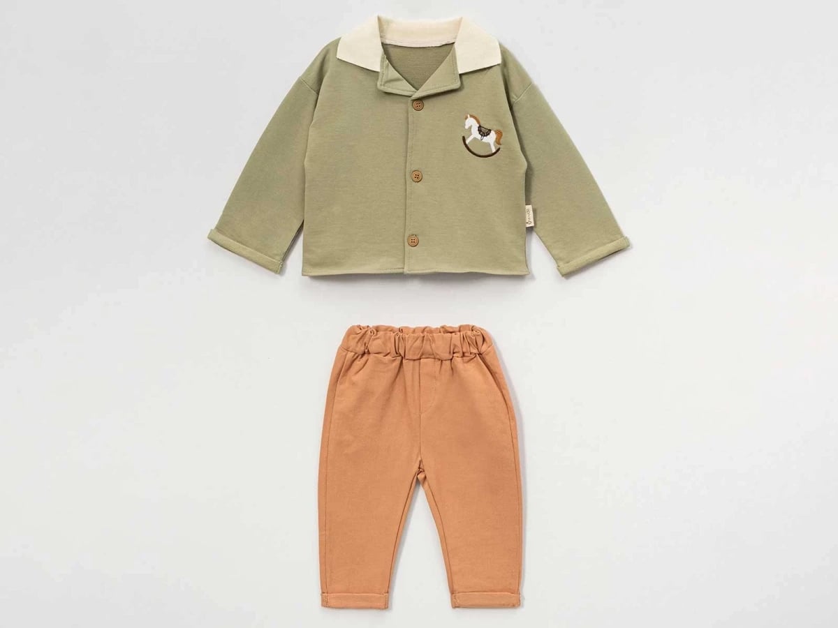 Baby Boy Pajama Set with Embroidered Rocking Horse – Khaki - Vovido - by Peralane
