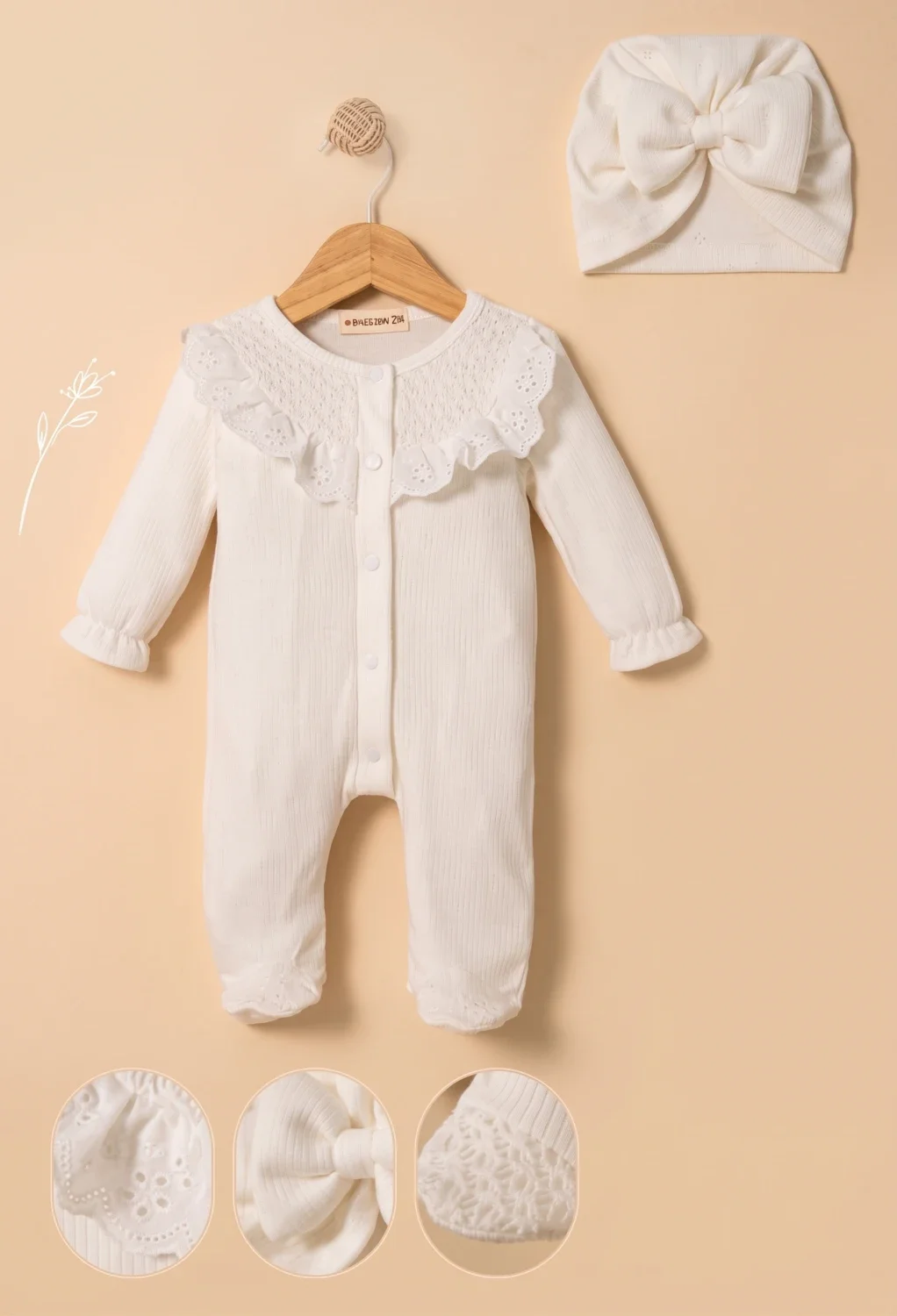 Baby Girl Ribbed Knit Romper and Hat Set - Off White - Miniborn - by Peralane