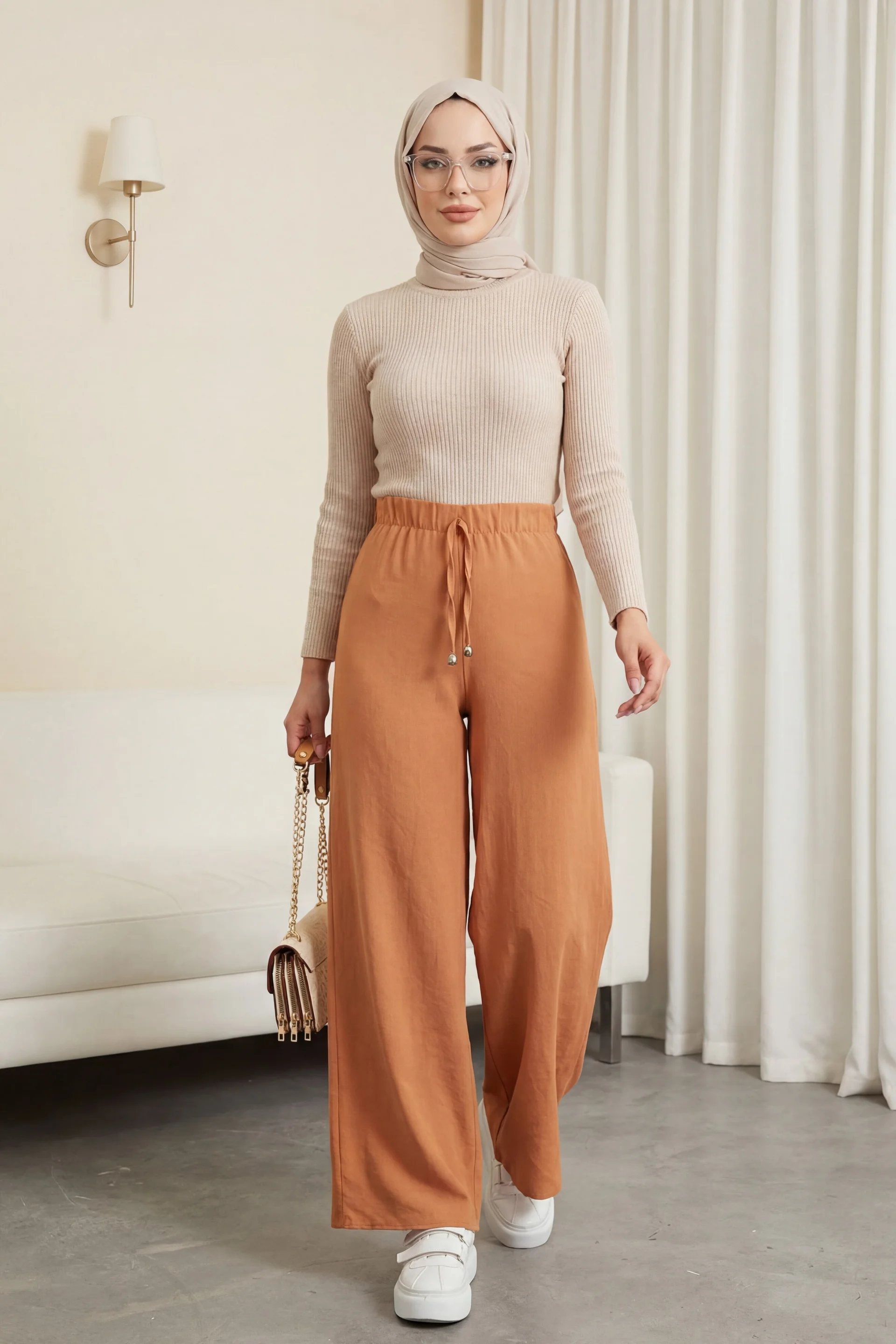 Drawstring Wide-Leg Elastic Waist Trousers - Apricot - Podyumplus - by Peralane - photo 2