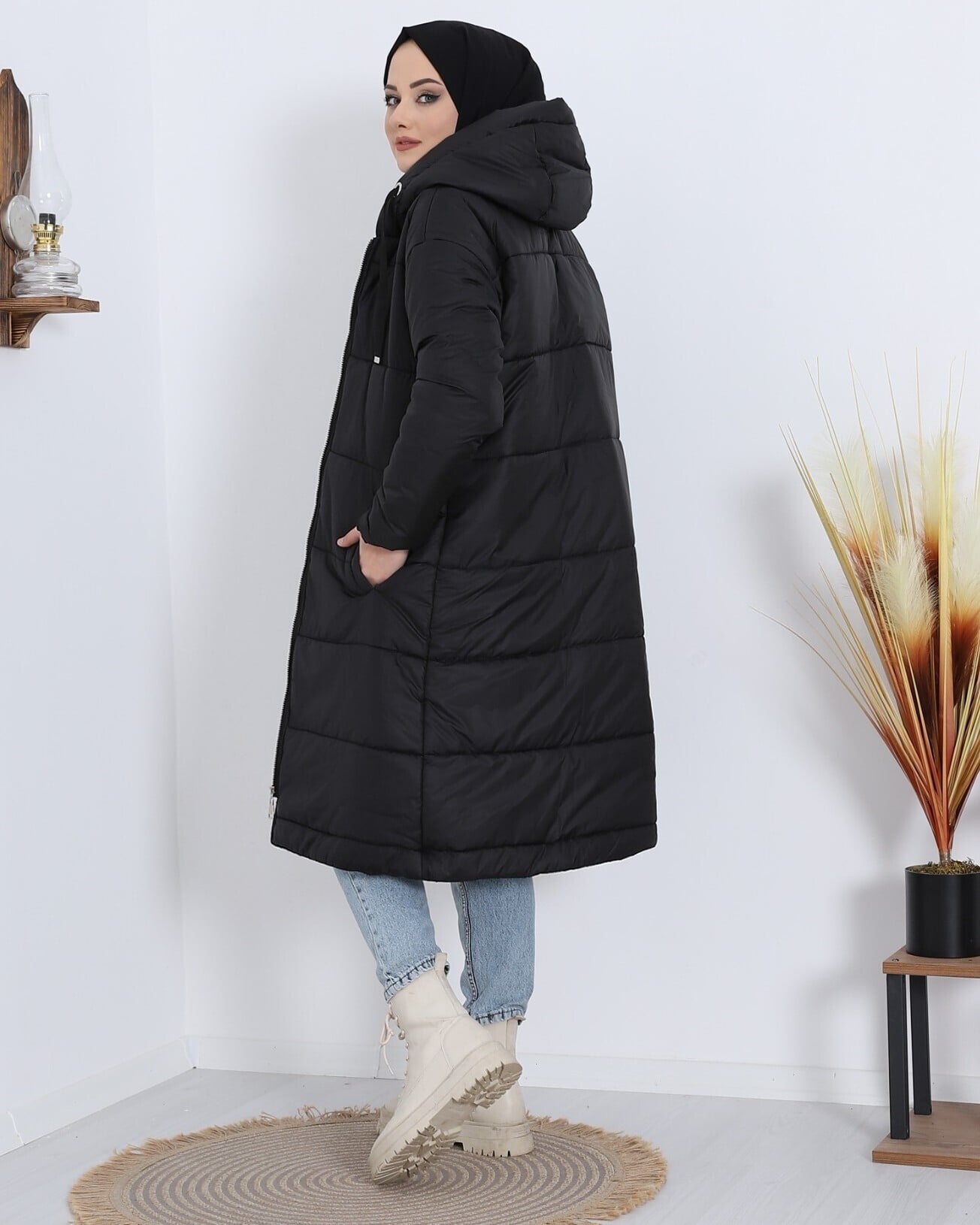 Fixed Hooded Quilted Long Puffer Coat - Black - Podyumplus - by Peralane - photo 4