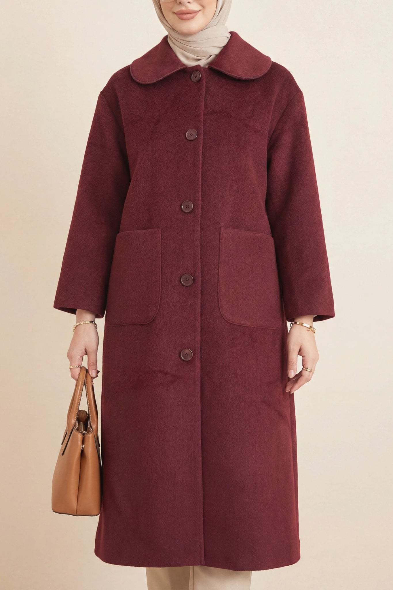 Long Single-Breasted Button Coat - Burgundy - Podyumplus - by Peralane - photo 5