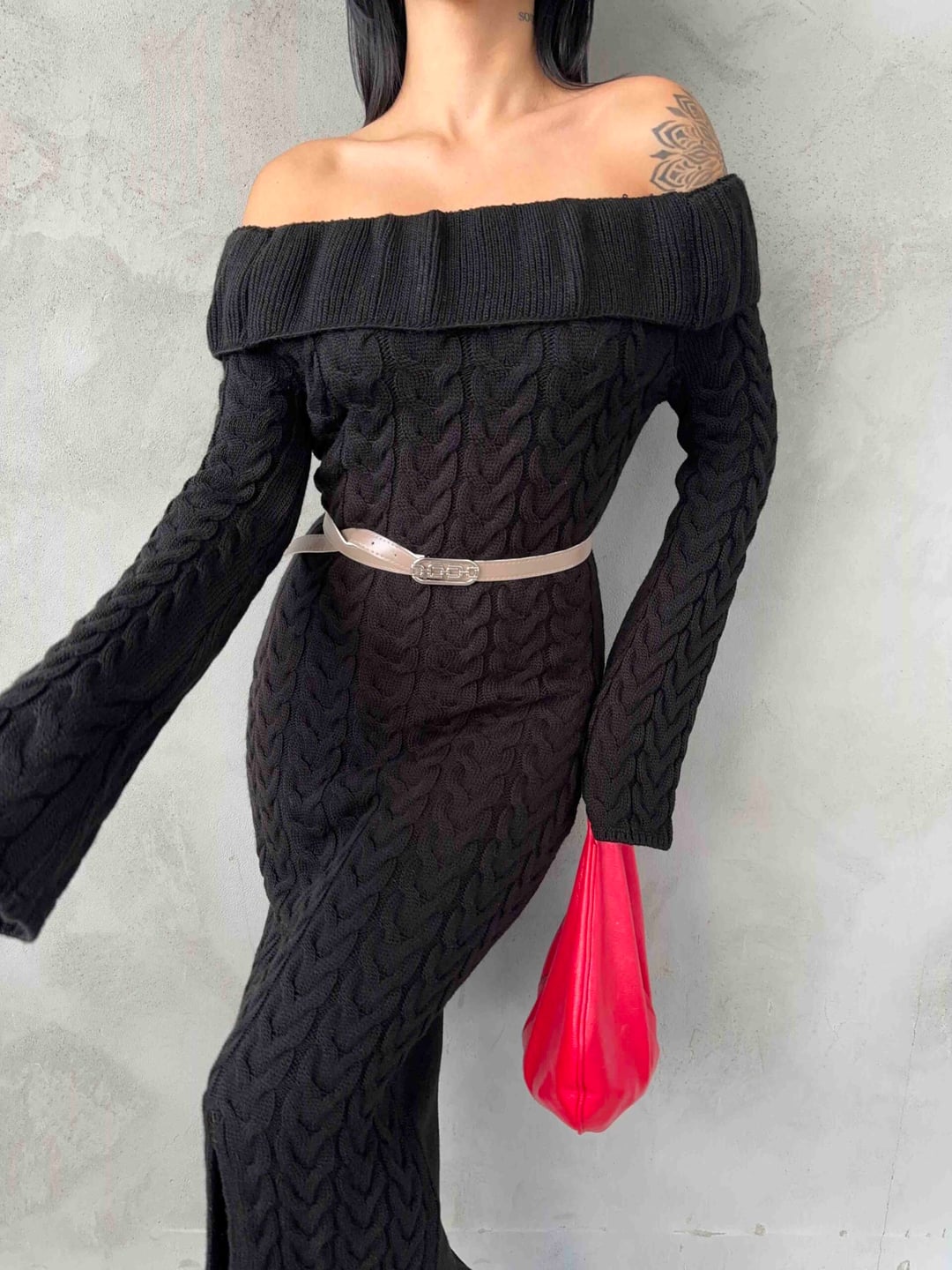 Black Off-Shoulder Cable Knit Dress with Slit - My Bee - by Peralane - photo 2