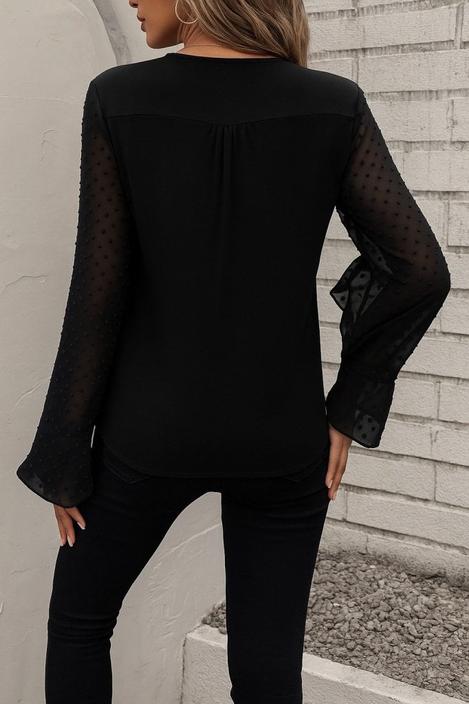 Women's Long Sleeve V-Neck Blouse with Sheer Polka Dot Sleeves - Janes - by Peralane - photo 4