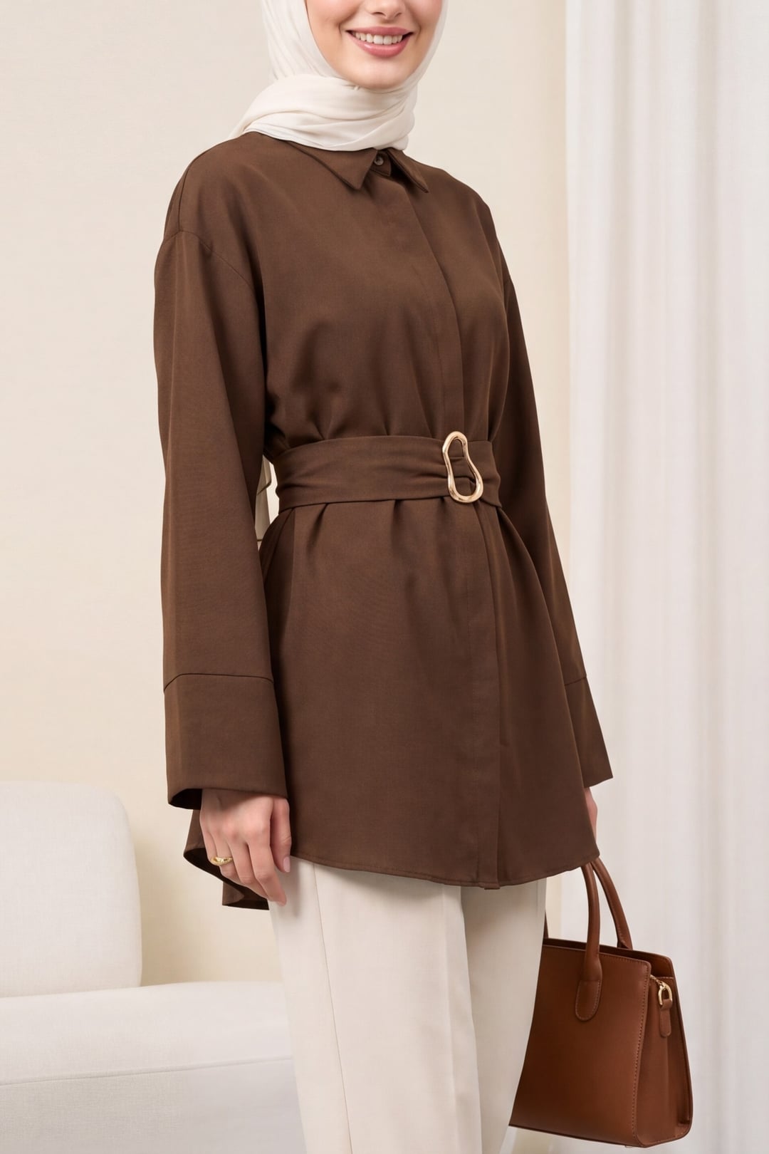 Belted Double Cuff Poplin Tunic - Dark Brown - Podyumplus - by Peralane - photo 4