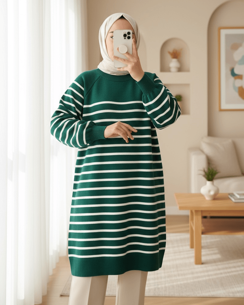 Striped Knit Tunic with Ribbed Cuffs - Emerald - Podyumplus - by Peralane - photo 2
