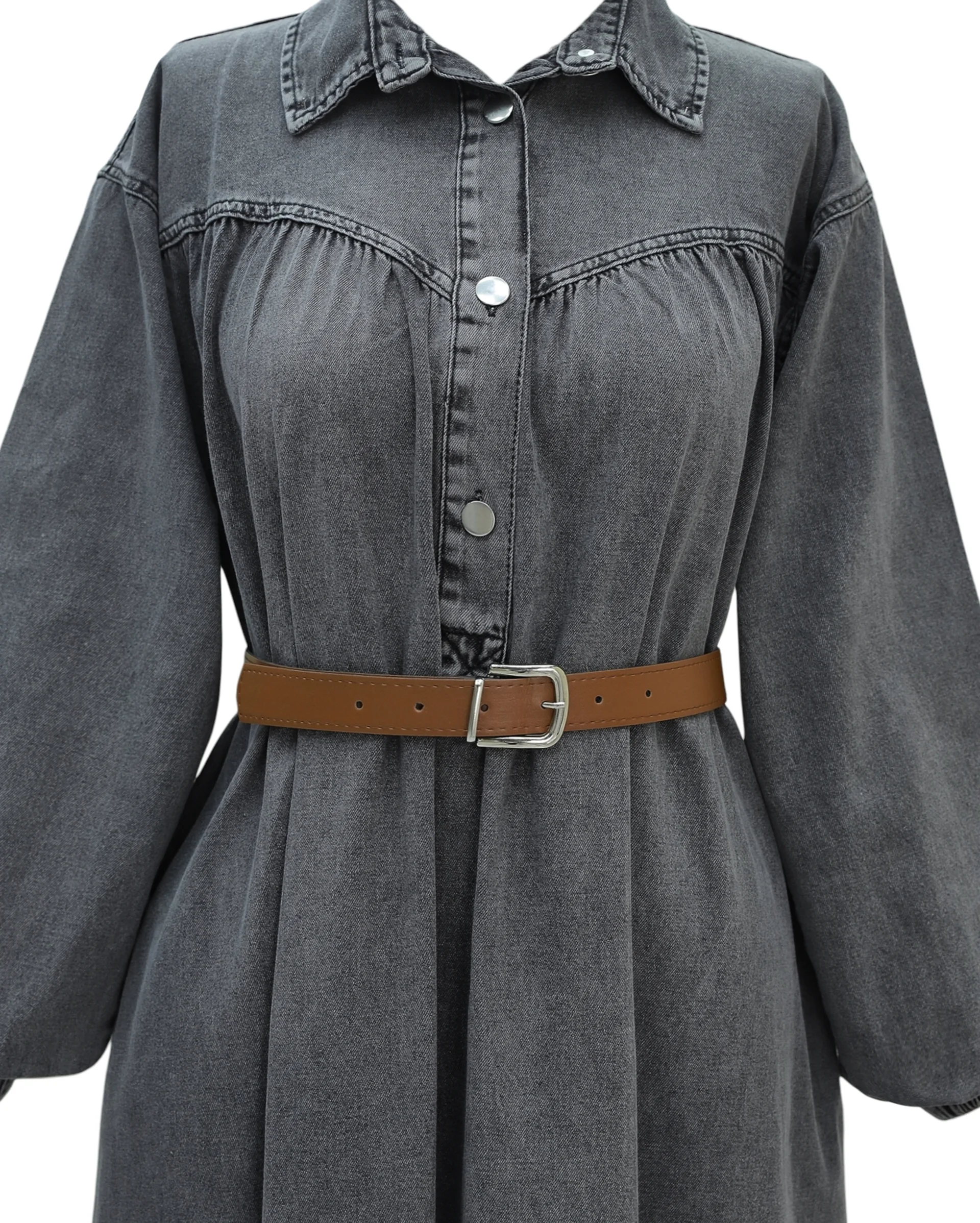 Half Button Long Sleeve Belted Denim Dress - Smoke - Podyumplus - by Peralane - photo 8
