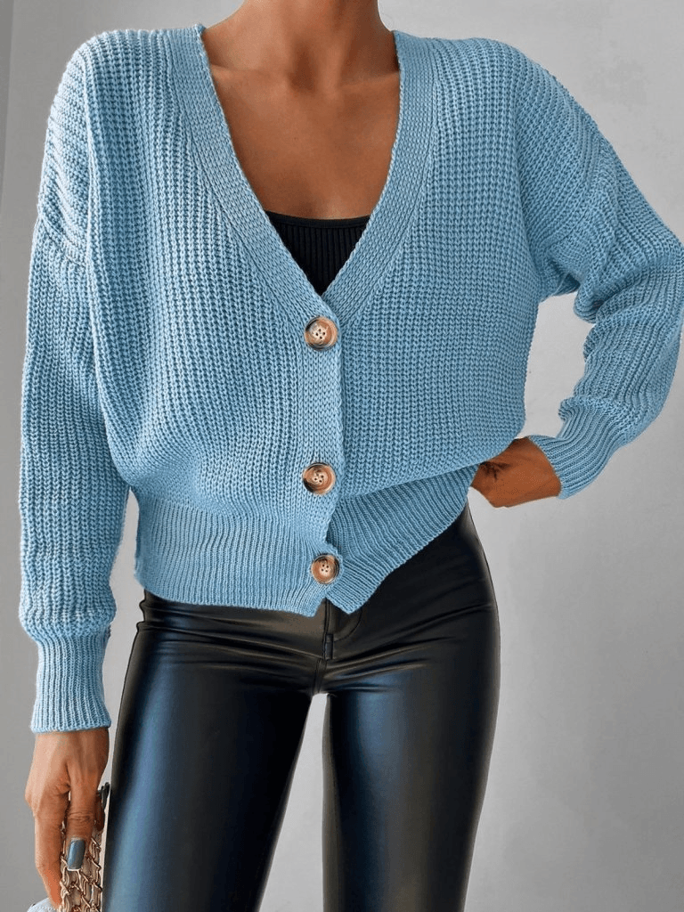 Light Blue Waffle Knit Cardigan with Button Front - Janes - by Peralane