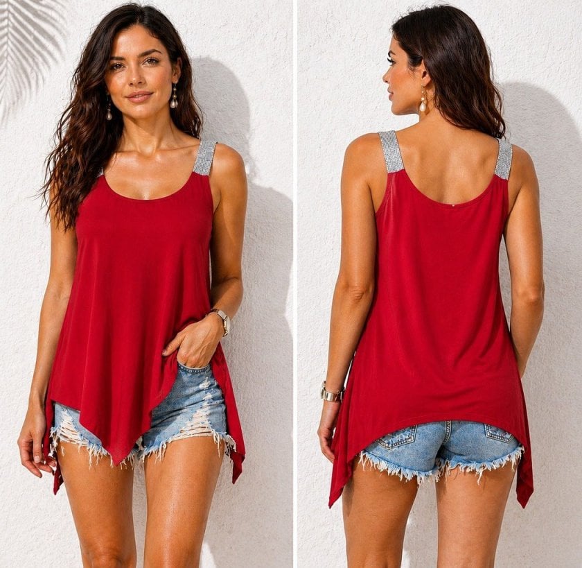 Women's Red Scoop Neck Tank Top with Embellished Straps - Janes - by Peralane - photo 5
