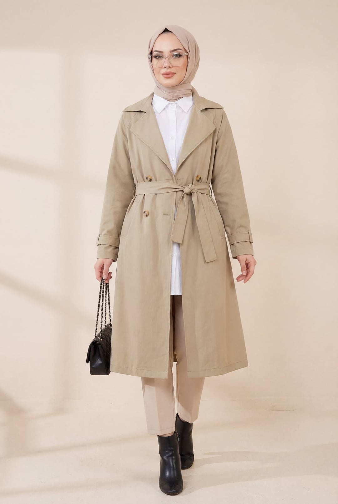 Belted Mid-Length Trench Coat with Bolero Detail - Stone Color - Podyumplus - by Peralane
