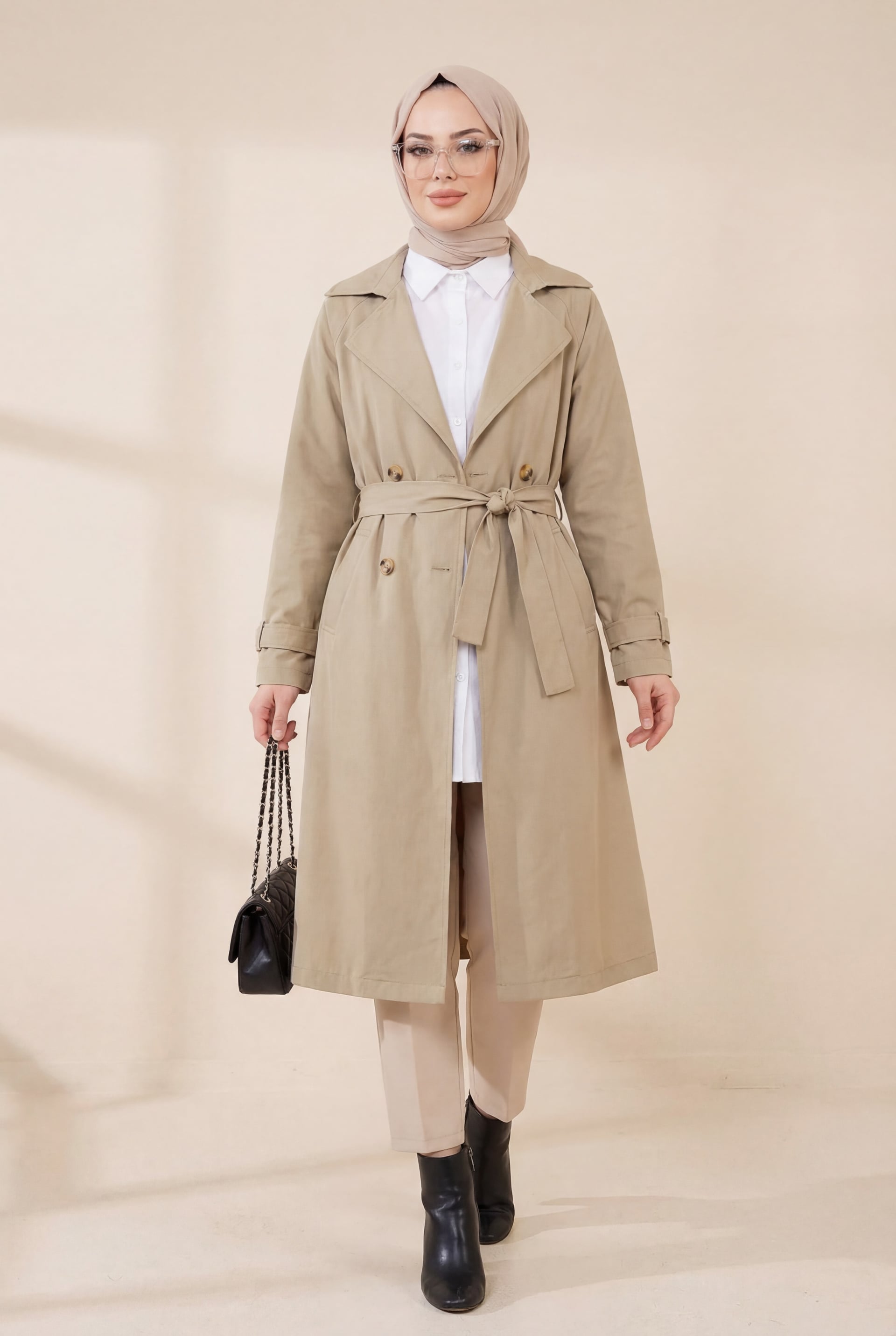 Belted Mid-Length Trench Coat with Bolero Detail - Stone Color - Podyumplus - by Peralane