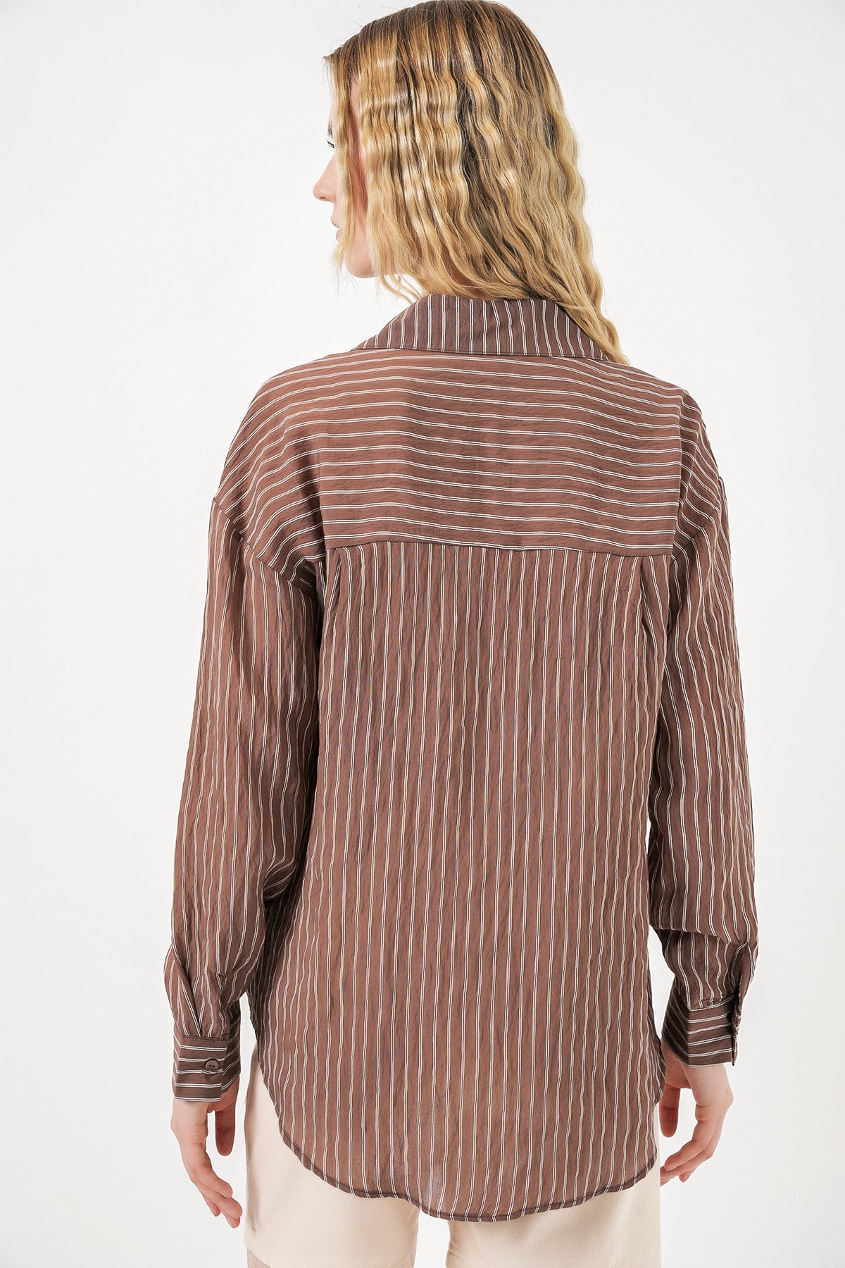 Women's Single Pocket Striped Oversize Shirt 20375 - Brown - Bigdart - by Peralane - photo 4