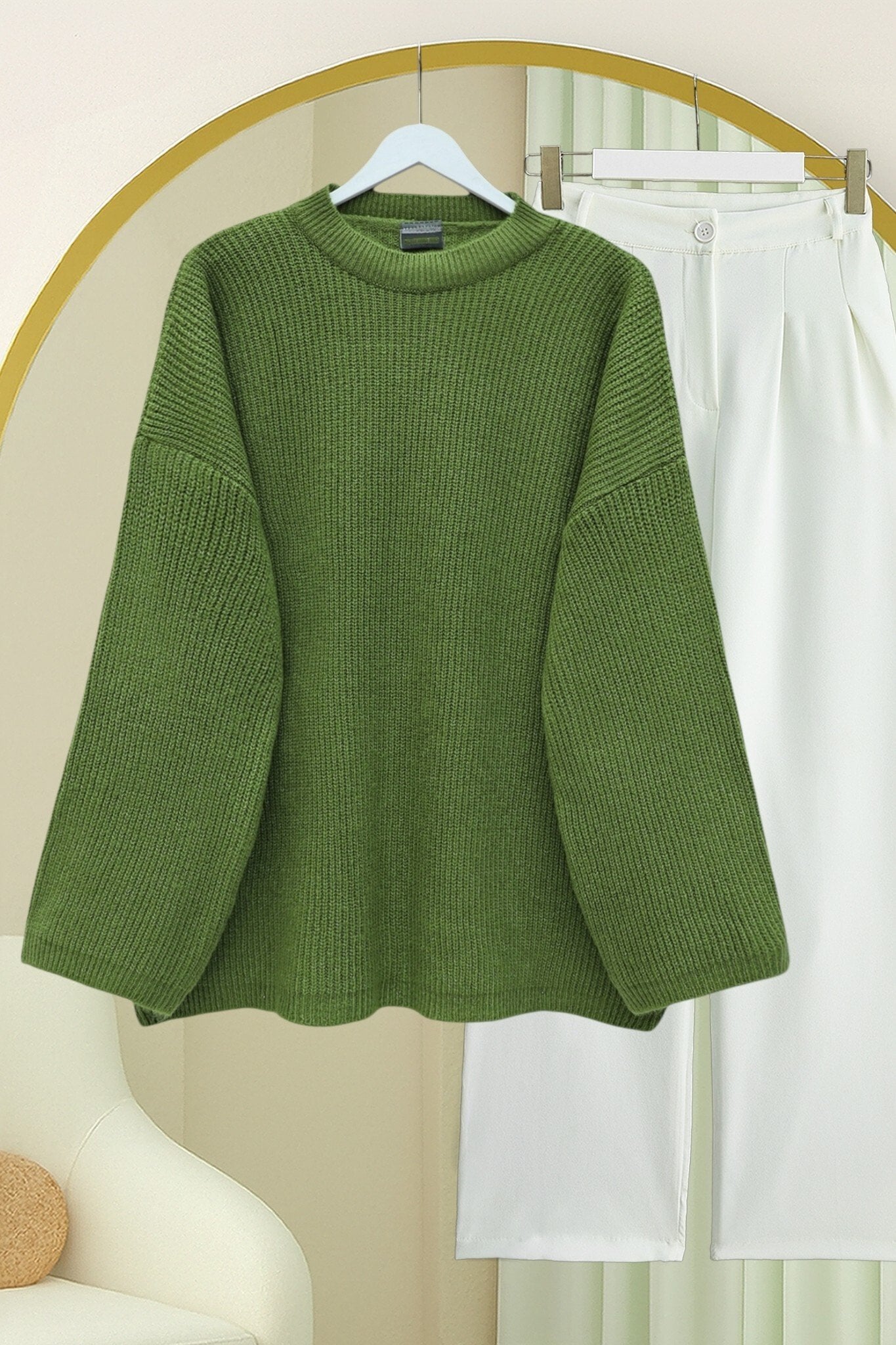 Round Neck Loose Fit Knit Tunic - Pistachio Green - Podyumplus - by Peralane